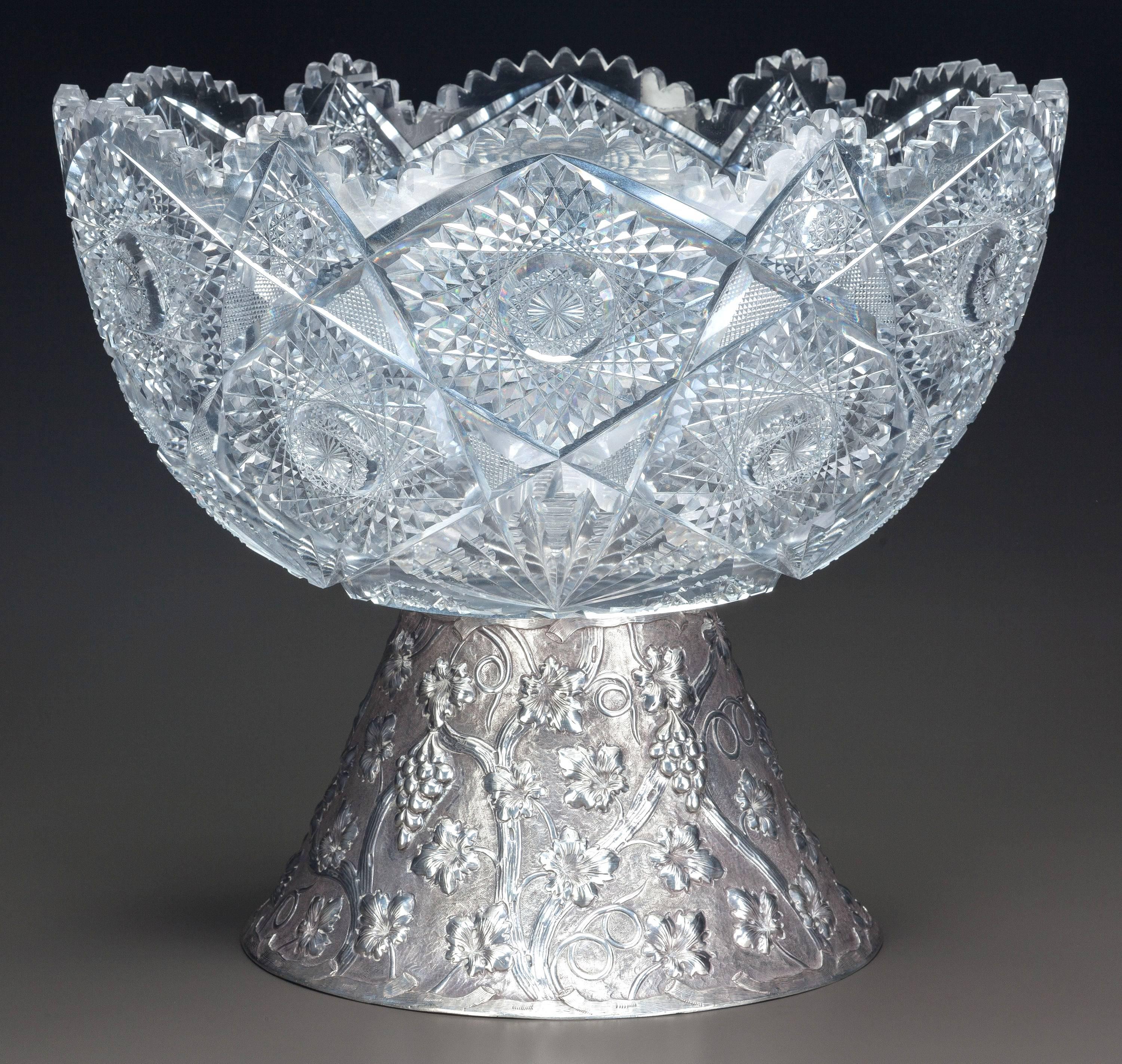 Silver Plate Large 19th Century French Round Cut-Glass Punch Bowl with Repoussé Silver Base