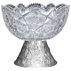 Large 19th Century French Round Cut-Glass Punch Bowl with Repoussé Silver Base