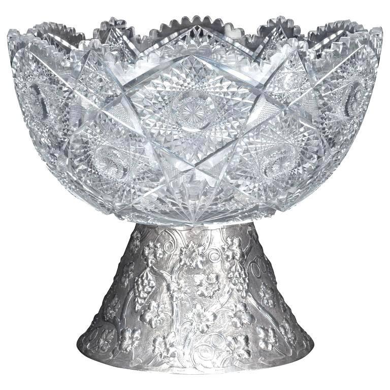 Large 19th Century French CutGlass Punch Bowl with Silver Repousse