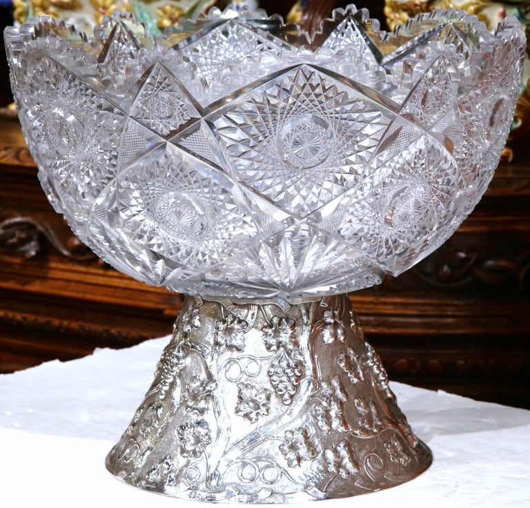 Large 19th Century French CutGlass Punch Bowl with Silver Repousse