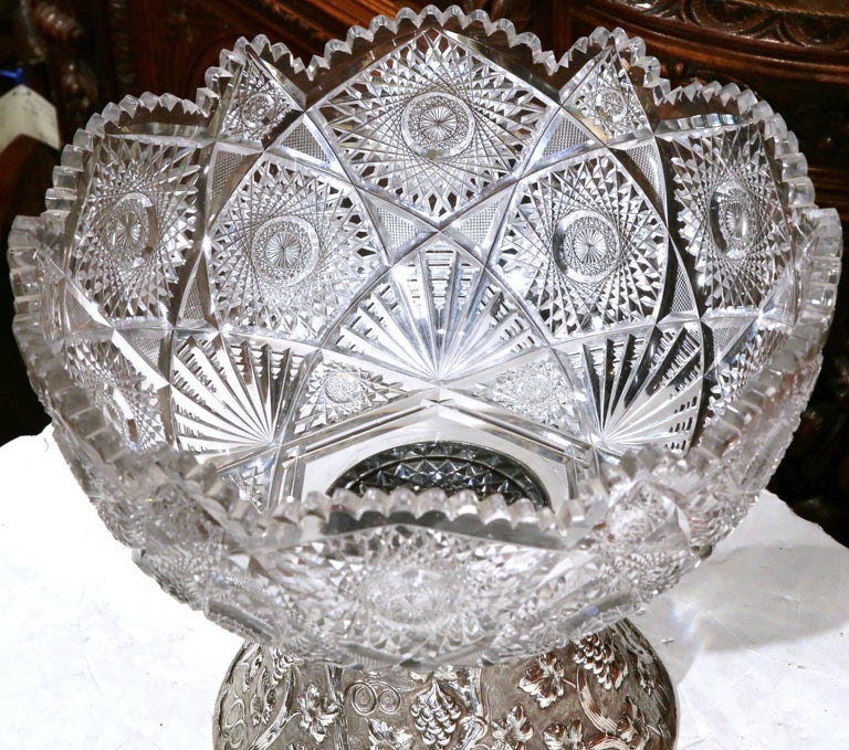 Large 19th Century French CutGlass Punch Bowl with Silver Repousse