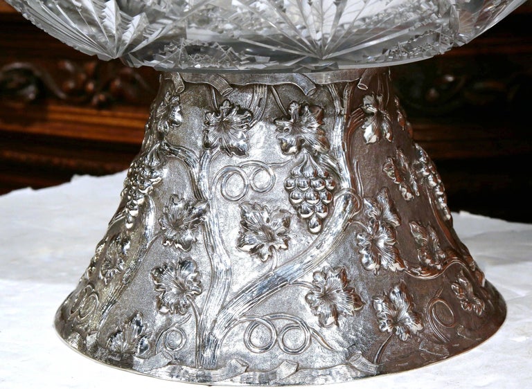 Large 19th Century French CutGlass Punch Bowl with Silver Repousse