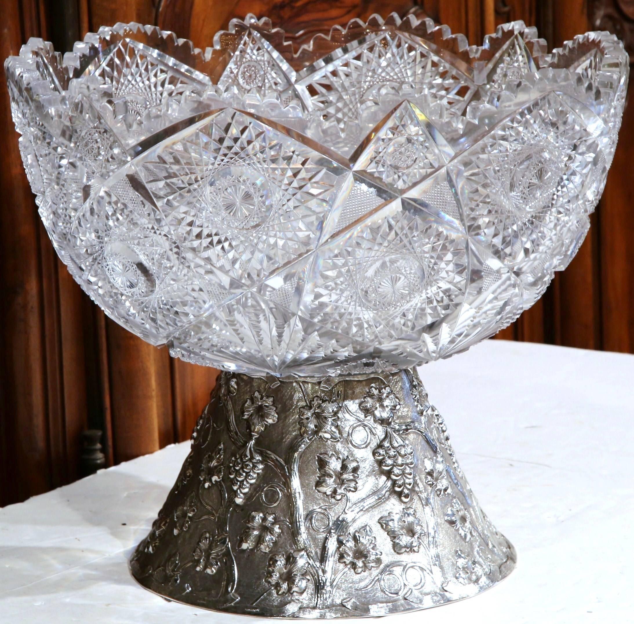 Large 19th Century French Round Cut-Glass Punch Bowl with Repoussé Silver Base In Excellent Condition In Dallas, TX