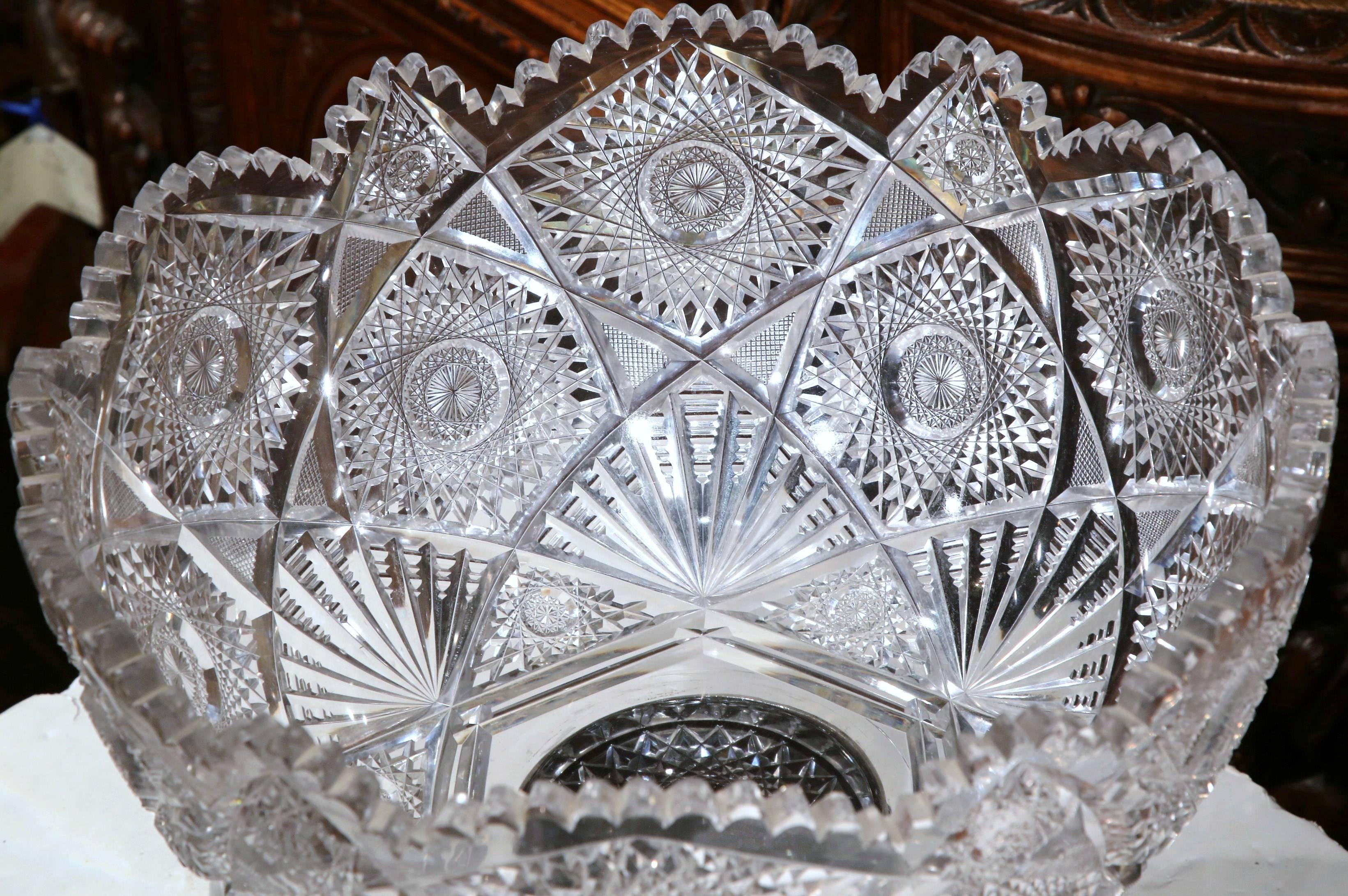 Large 19th Century French Round Cut-Glass Punch Bowl with Repoussé Silver Base 2