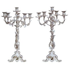 Pair of 19th Century French Louis XV Silver Plated Bronze Five-Arm Candelabras