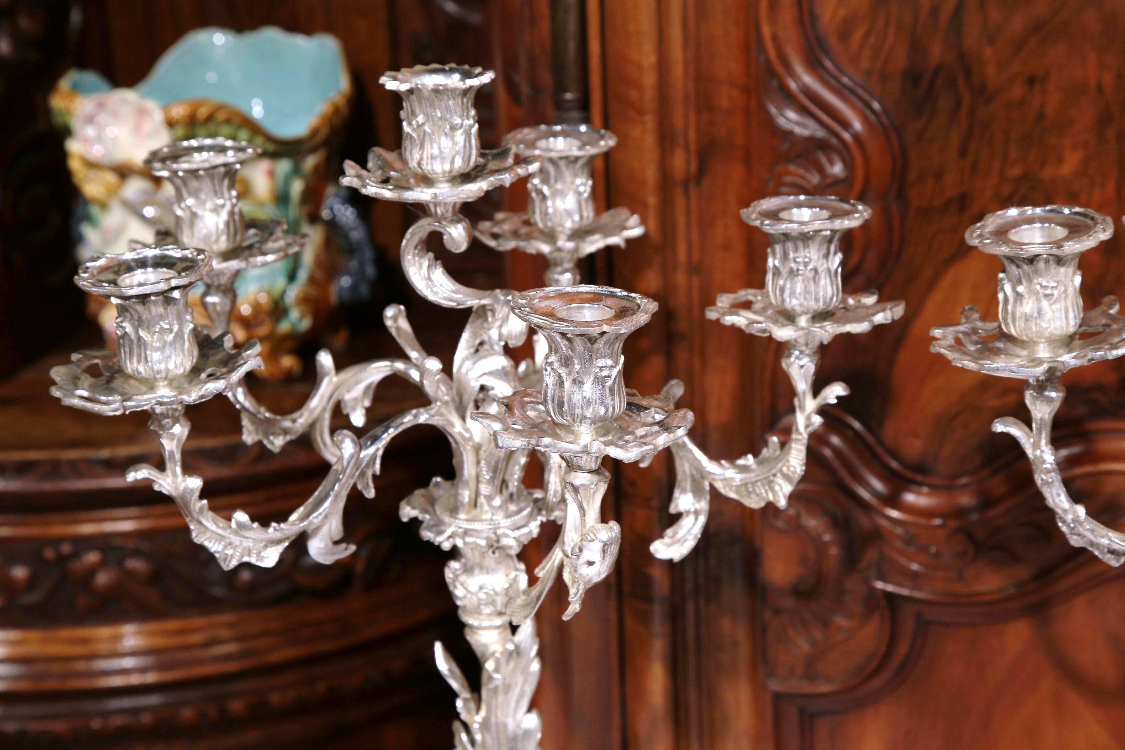 Pair of 19th Century French Louis XV Silver Plated Bronze Five-Arm Candelabras In Excellent Condition In Dallas, TX