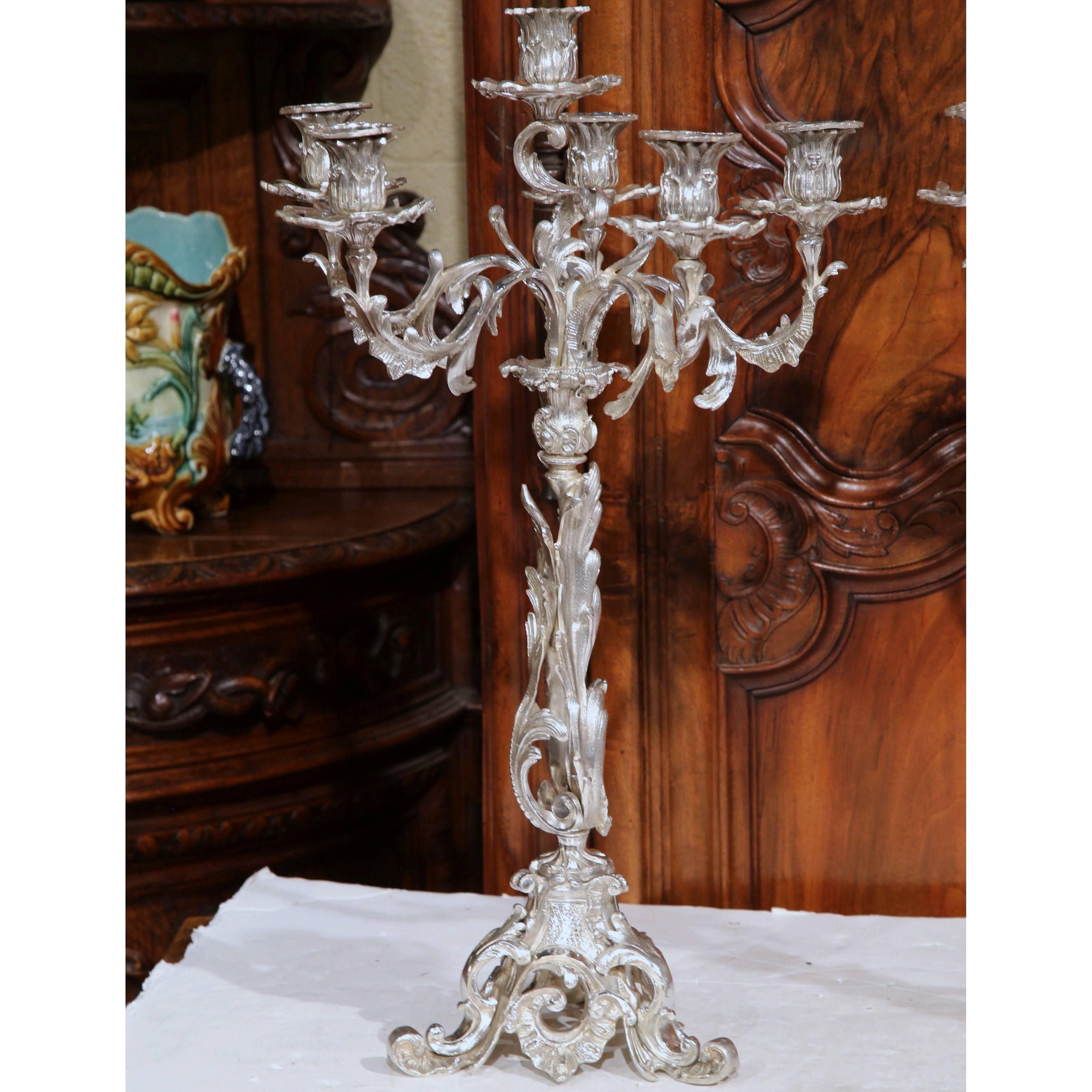 Hand-Crafted Pair of 19th Century French Louis XV Silver Plated Bronze Five-Arm Candelabras