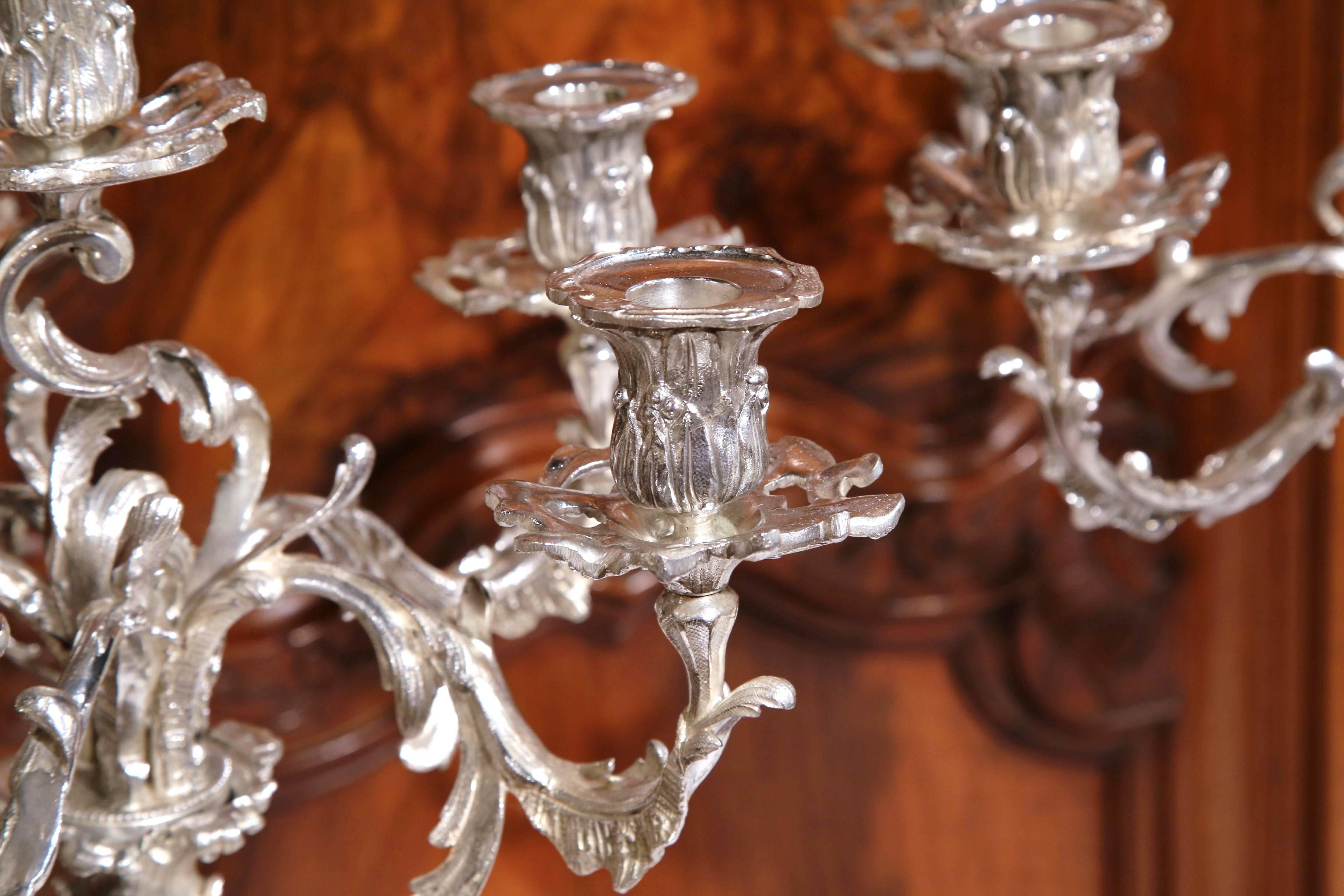 Pair of 19th Century French Louis XV Silver Plated Bronze Five-Arm Candelabras 4