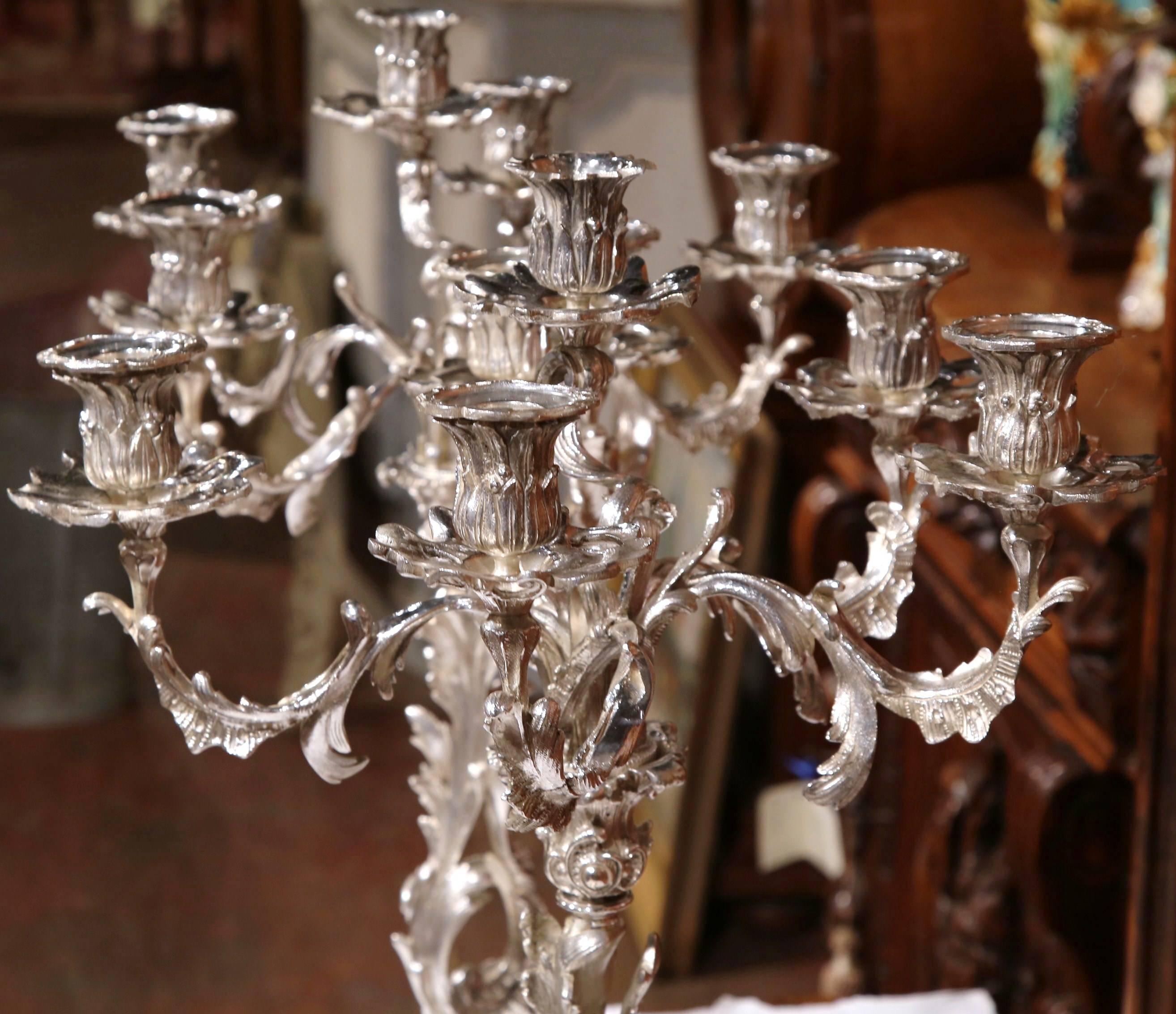 Pair of 19th Century French Louis XV Silver Plated Bronze Five-Arm Candelabras 2