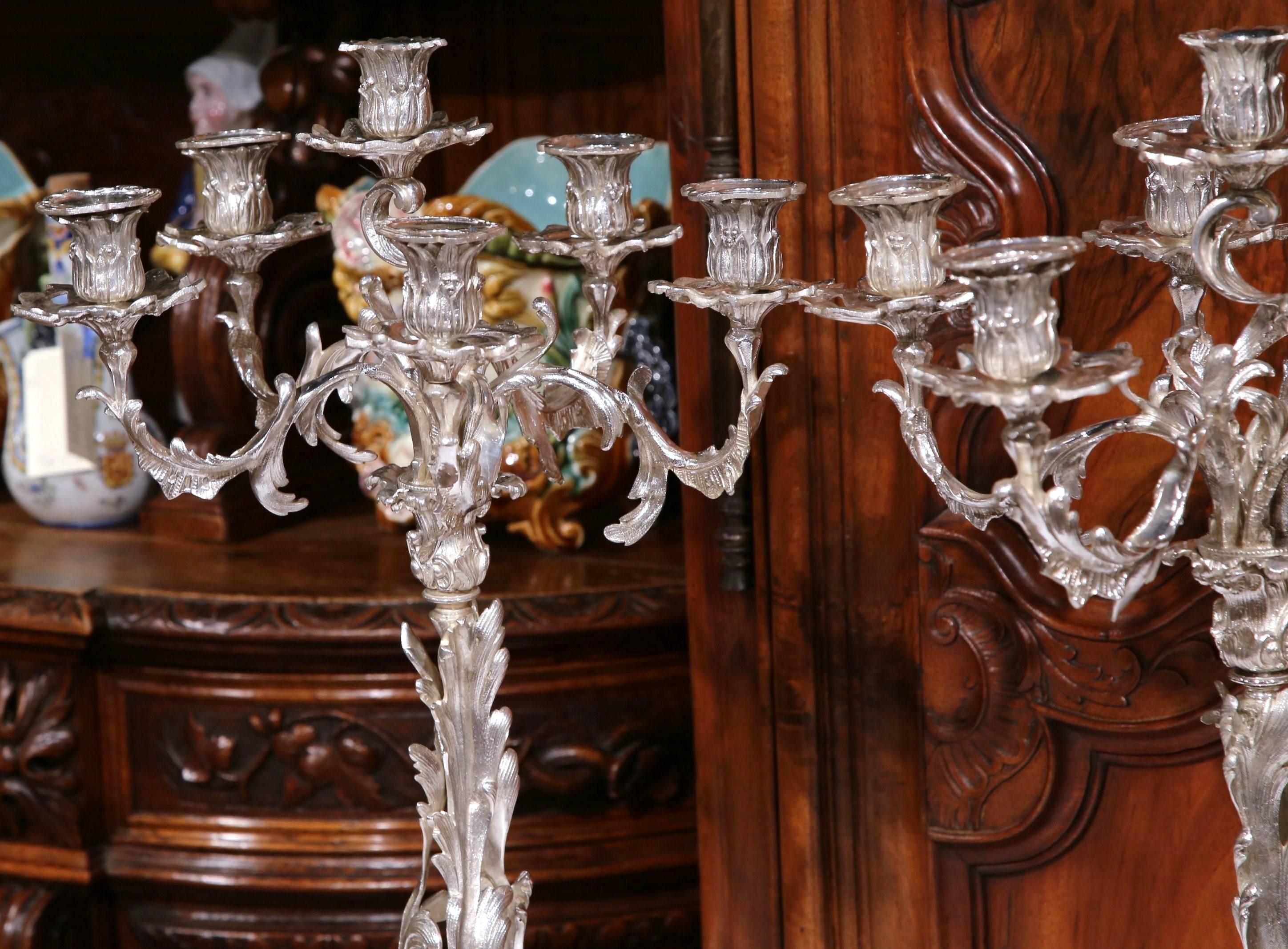 Pair of 19th Century French Louis XV Silver Plated Bronze Five-Arm Candelabras 1