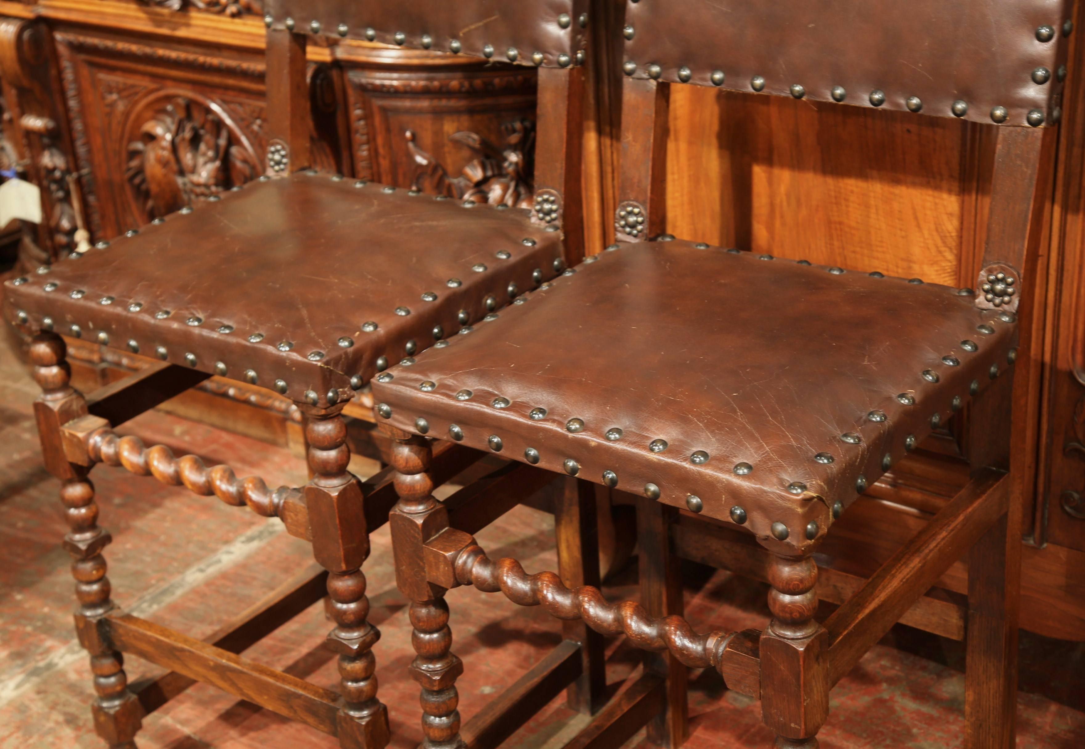 Louis XIII Pair of 19th Century French Carved Walnut Bar Stools with Original Brown Leather