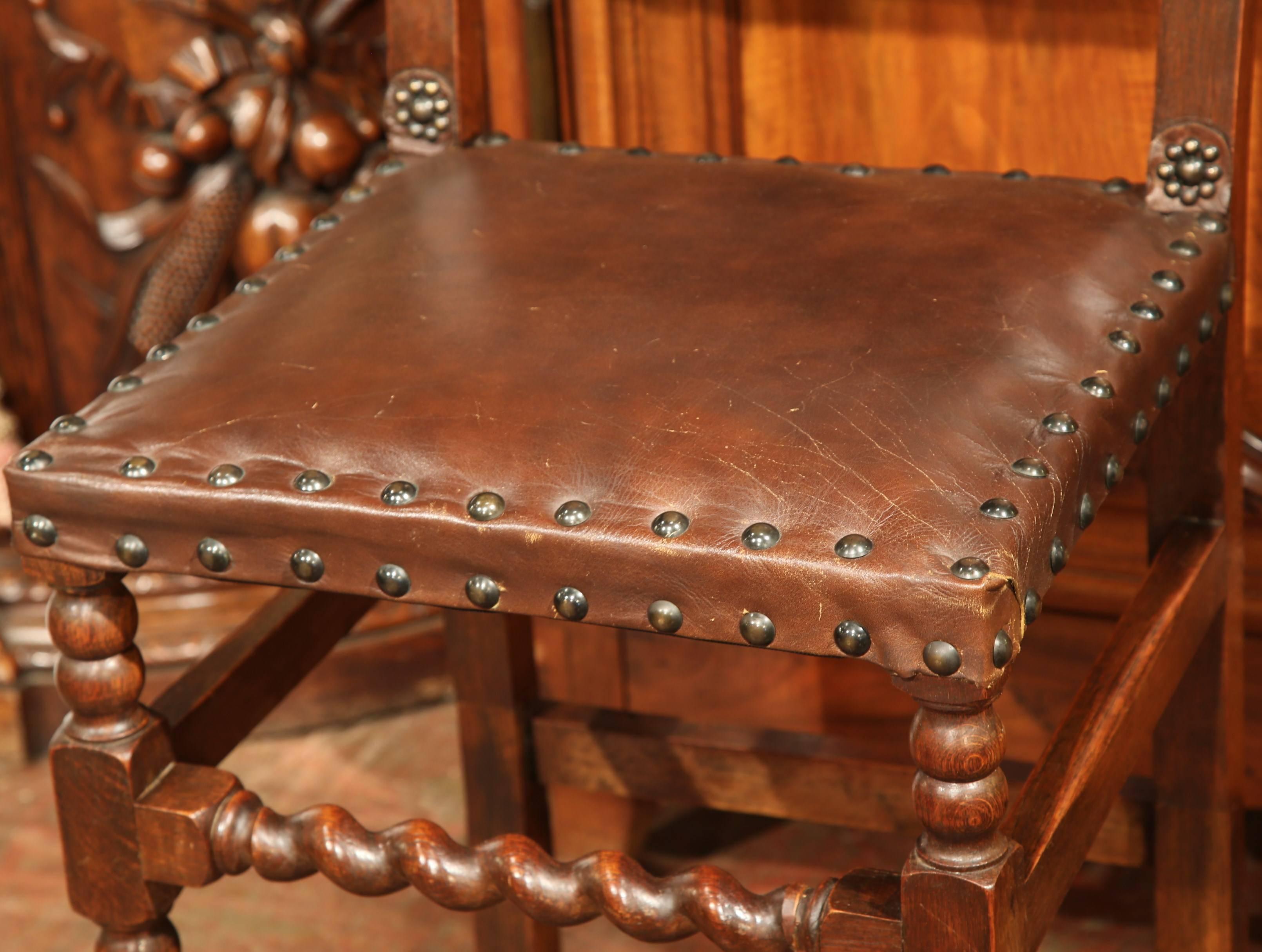 Hand-Carved Pair of 19th Century French Carved Walnut Bar Stools with Original Brown Leather