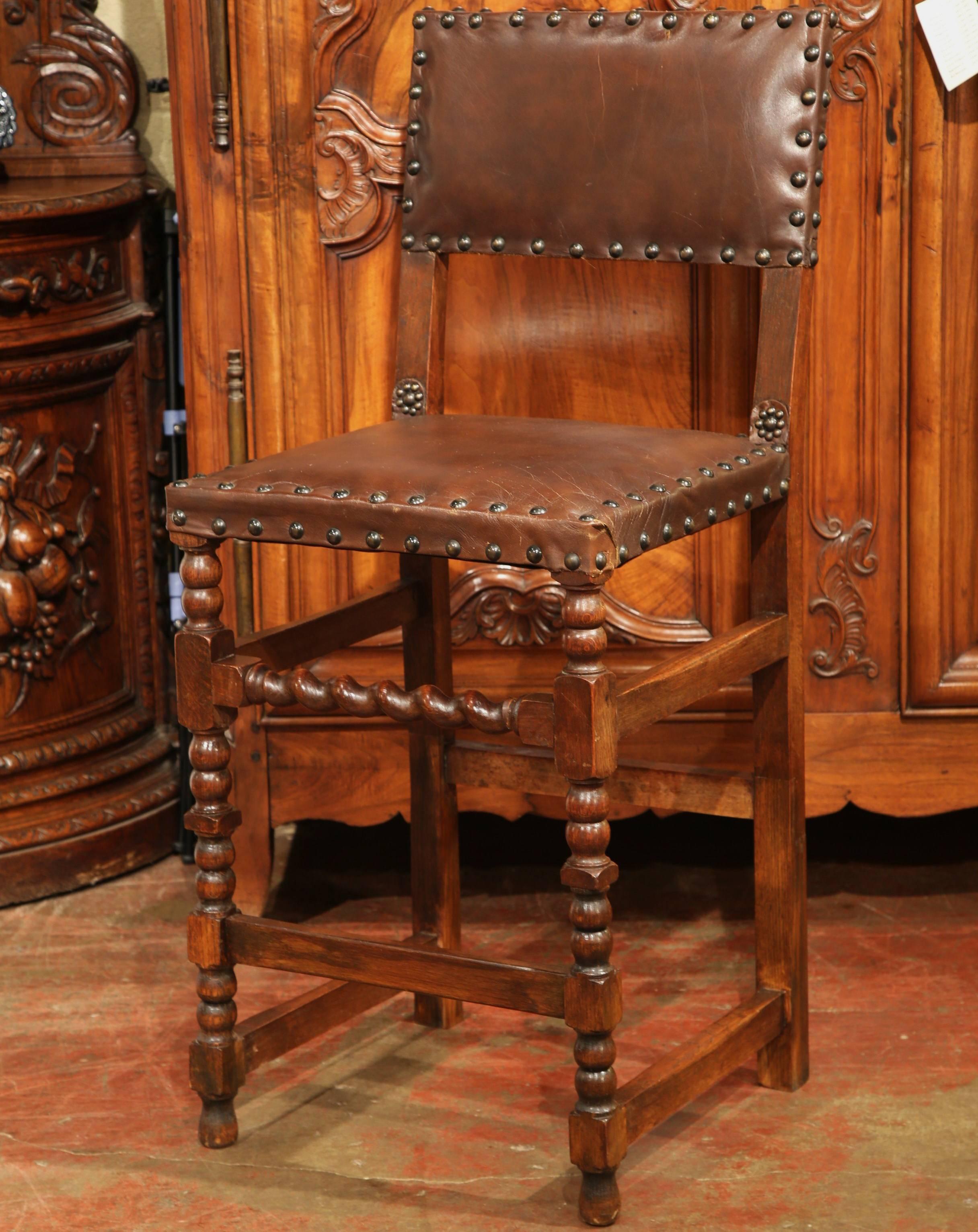 Pair of 19th Century French Carved Walnut Bar Stools with Original Brown Leather 1
