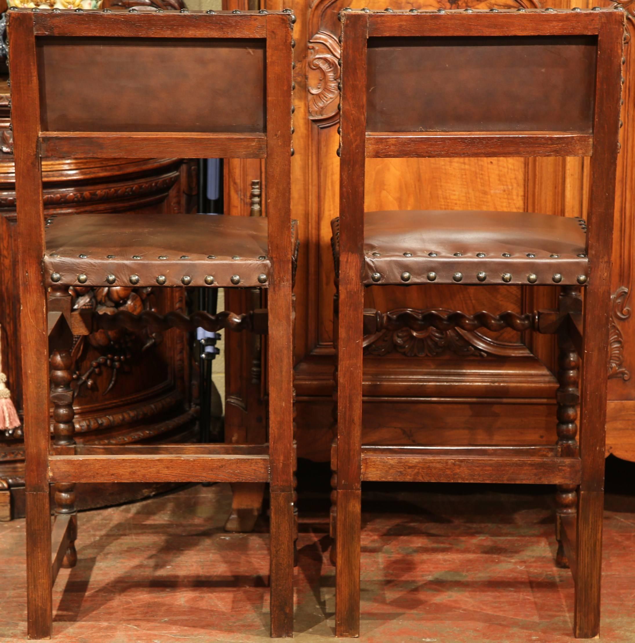 Pair of 19th Century French Carved Walnut Bar Stools with Original Brown Leather 3