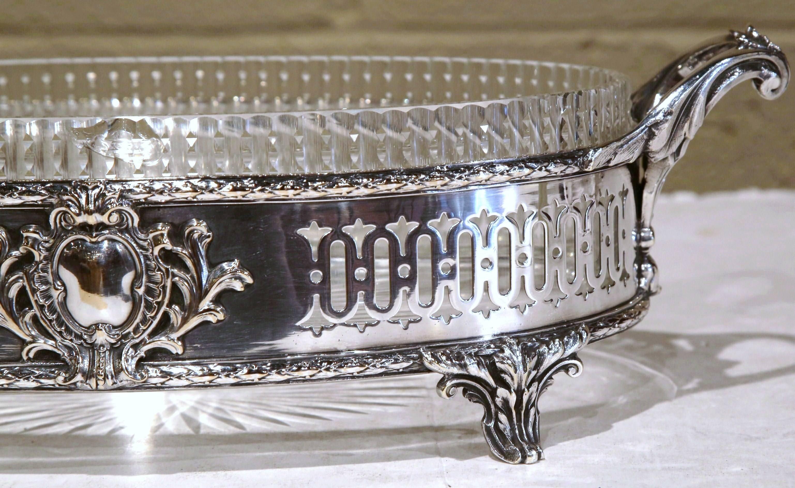 Repoussé 19th Century French Louis XVI Silver Plated and Cut Crystal Oval Jardinière