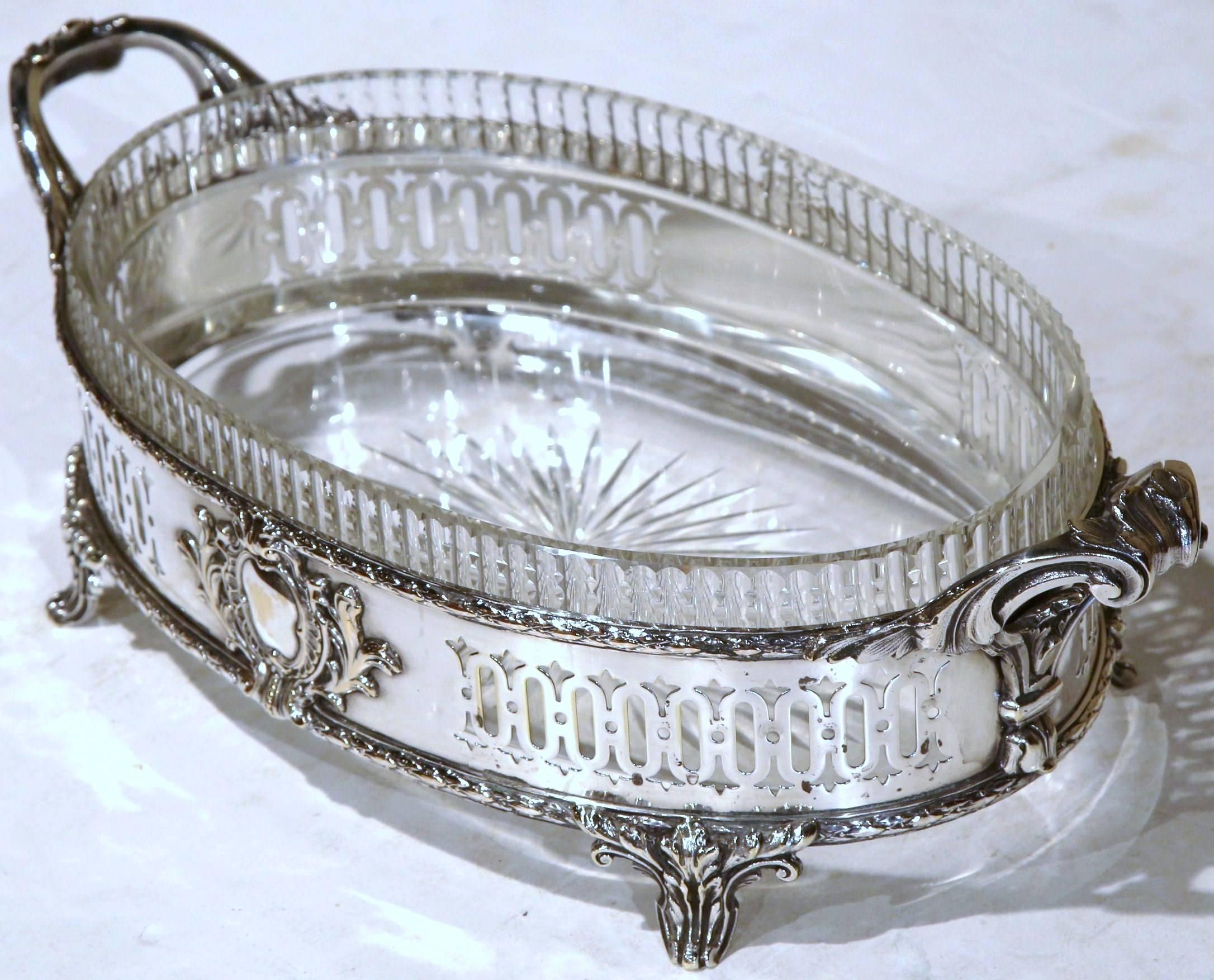 19th Century French Louis XVI Silver Plated and Cut Crystal Oval Jardinière In Good Condition In Dallas, TX