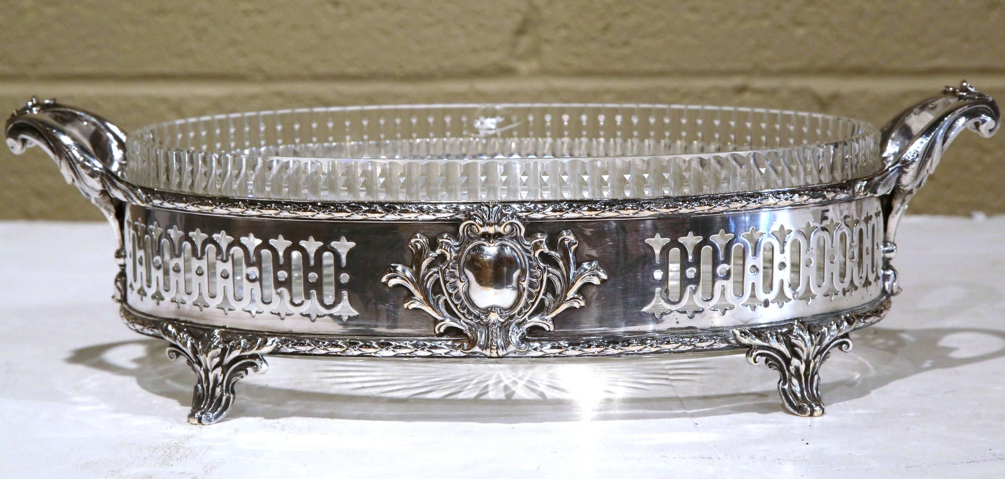 19th Century French Louis XVI Silver Plated and Cut Crystal Oval Jardinière 1