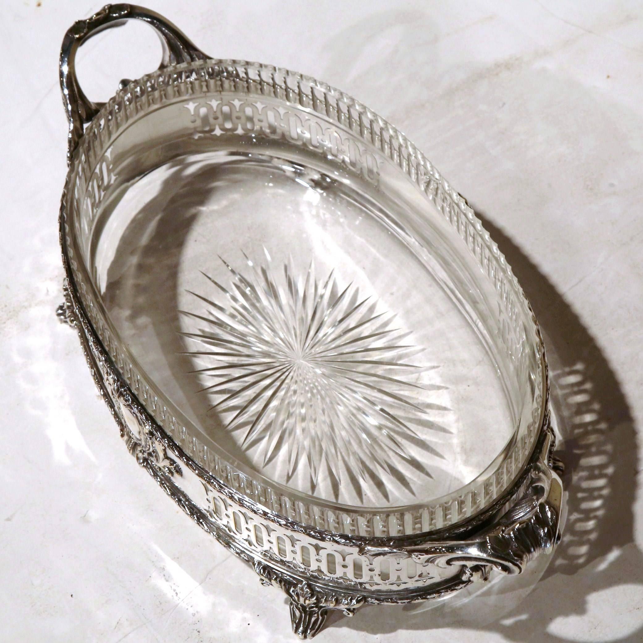 19th Century French Louis XVI Silver Plated and Cut Crystal Oval Jardinière 2