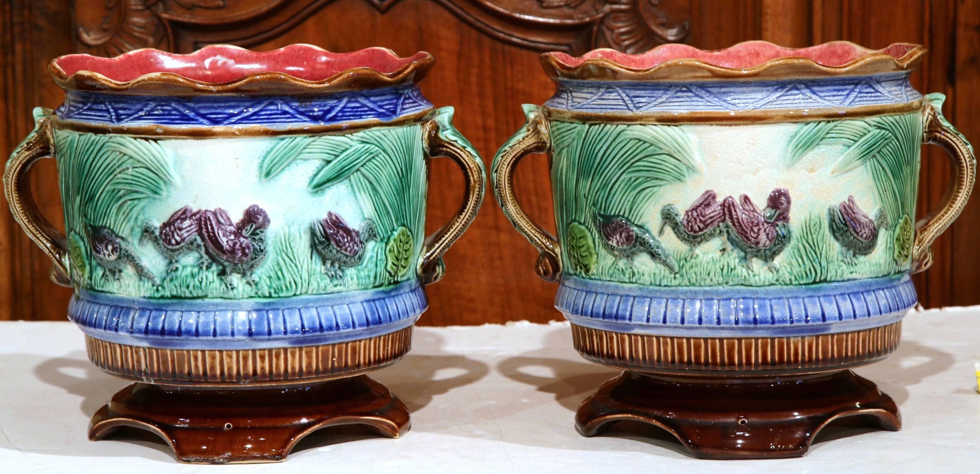 Hand-Crafted Pair of 19th Century French Painted Ceramic Barbotine Cache Pots with Chicken