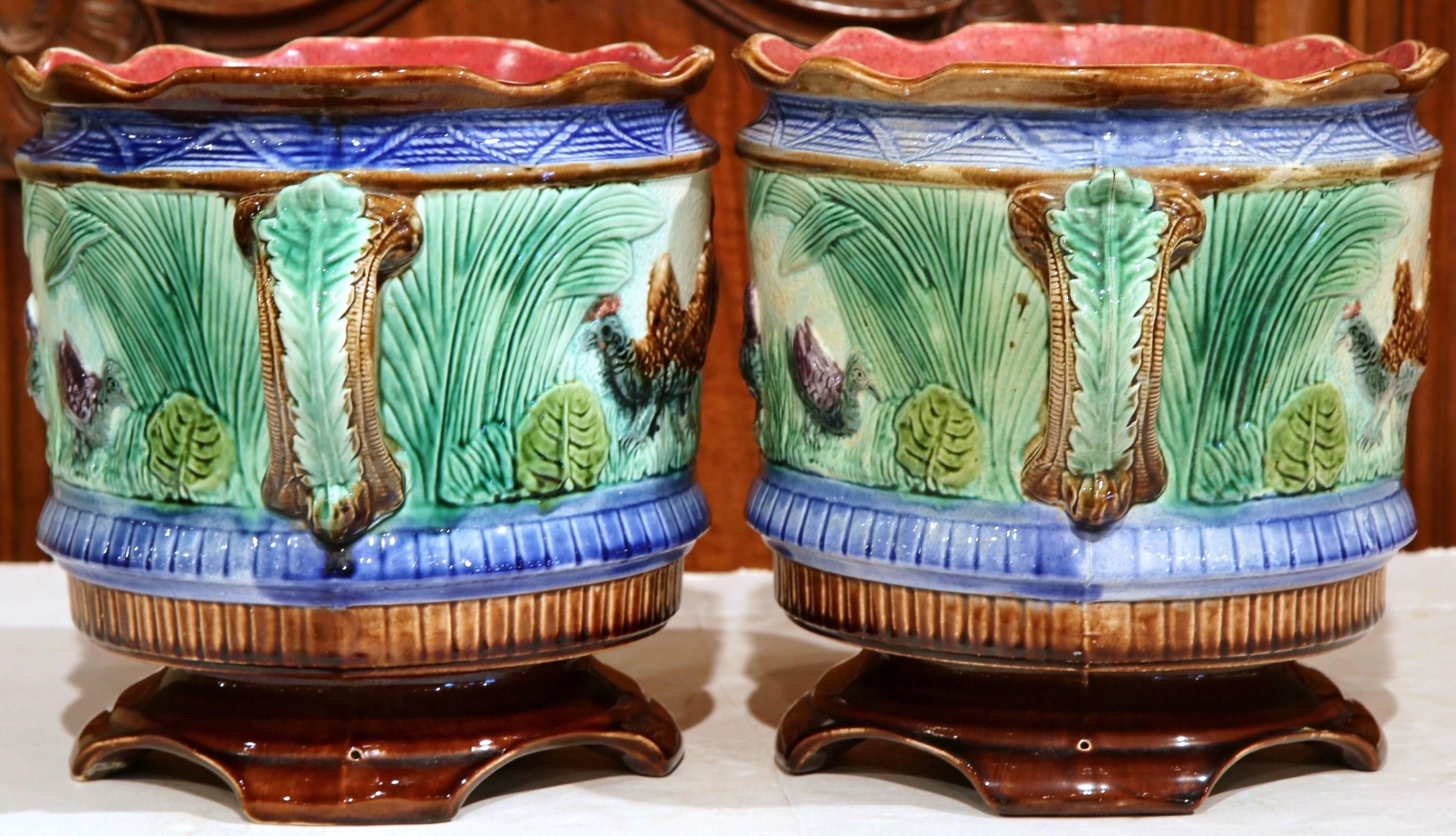 Pair of 19th Century French Painted Ceramic Barbotine Cache Pots with Chicken 1