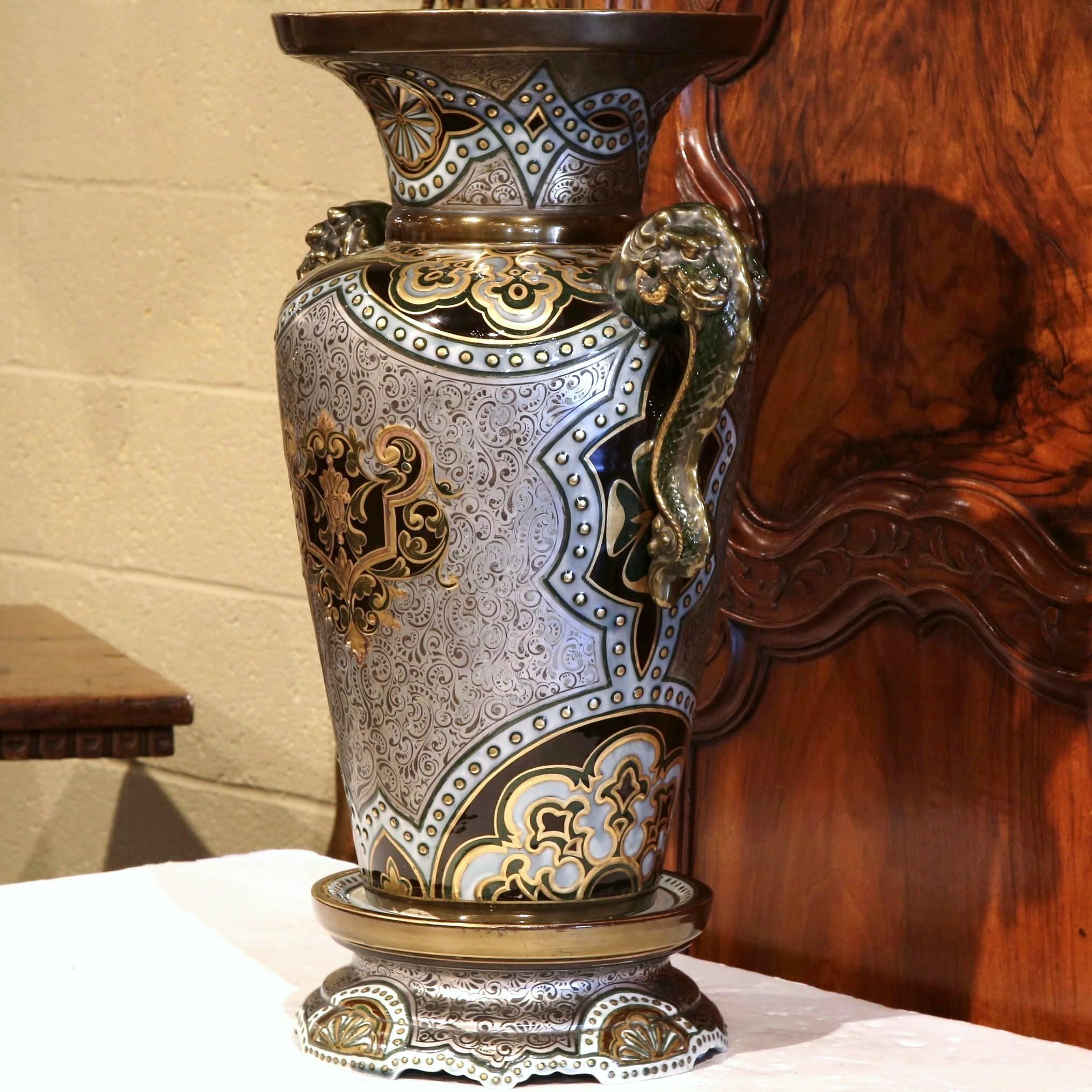 Embossed Large 19th Century, French, Hand-Painted Silver and Gold Vase with Separate Base