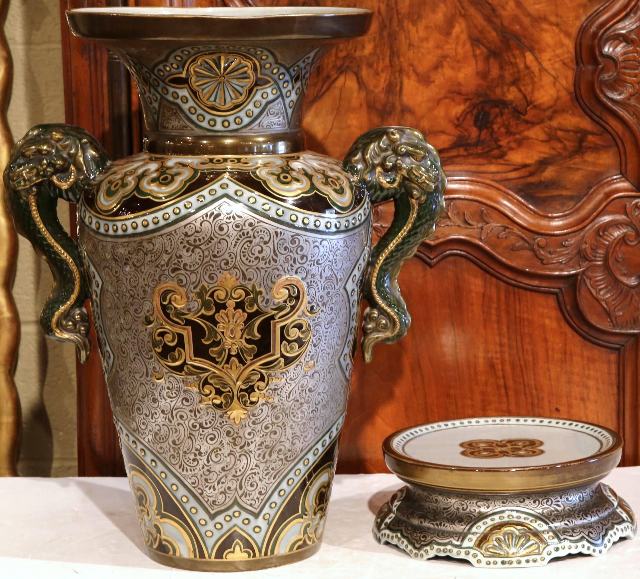 Large 19th Century, French, Hand-Painted Silver and Gold Vase with Separate Base In Excellent Condition In Dallas, TX