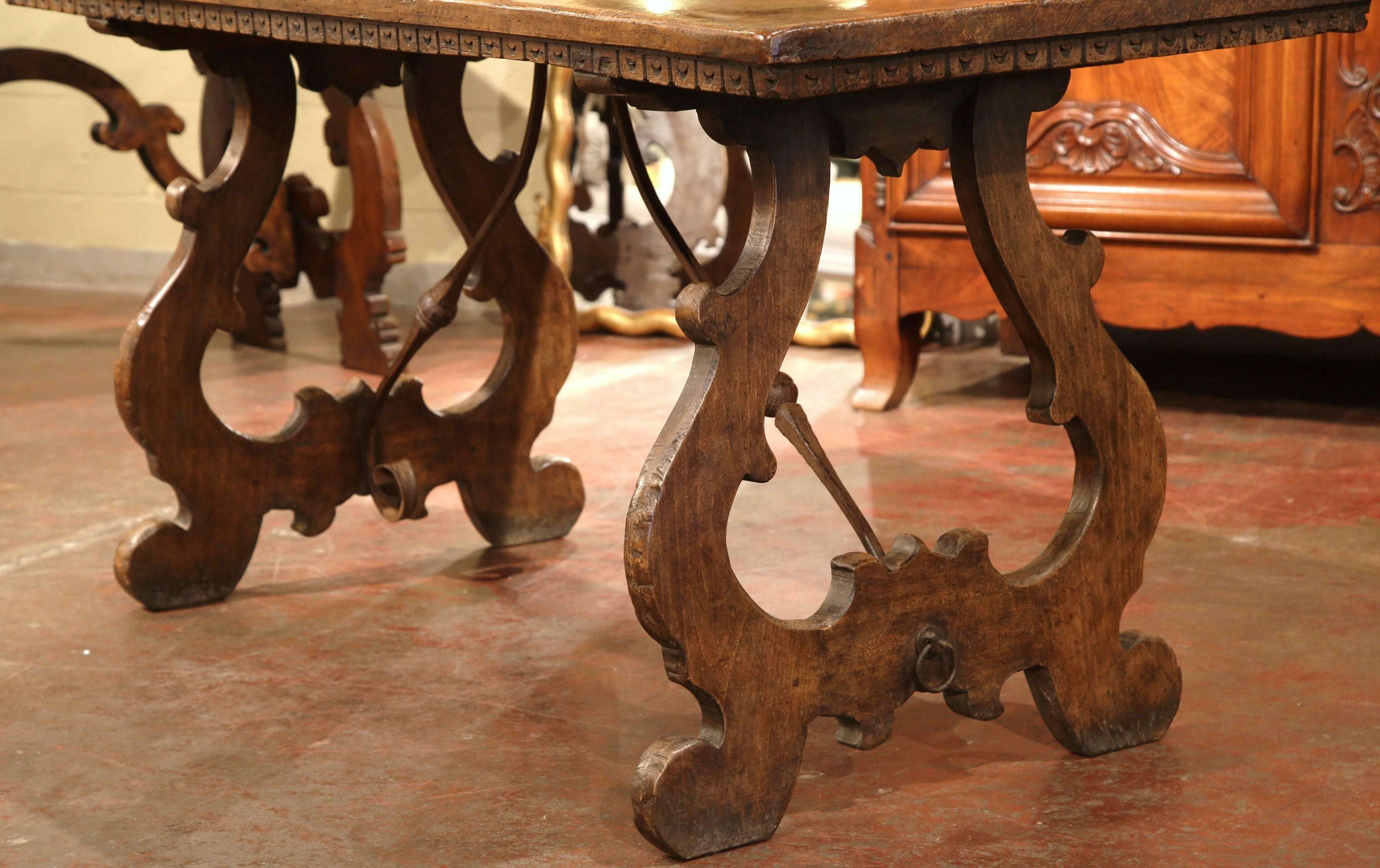 Louis XIII 19th Century Spanish Carved Chestnut Table with Wrought Iron Stretcher