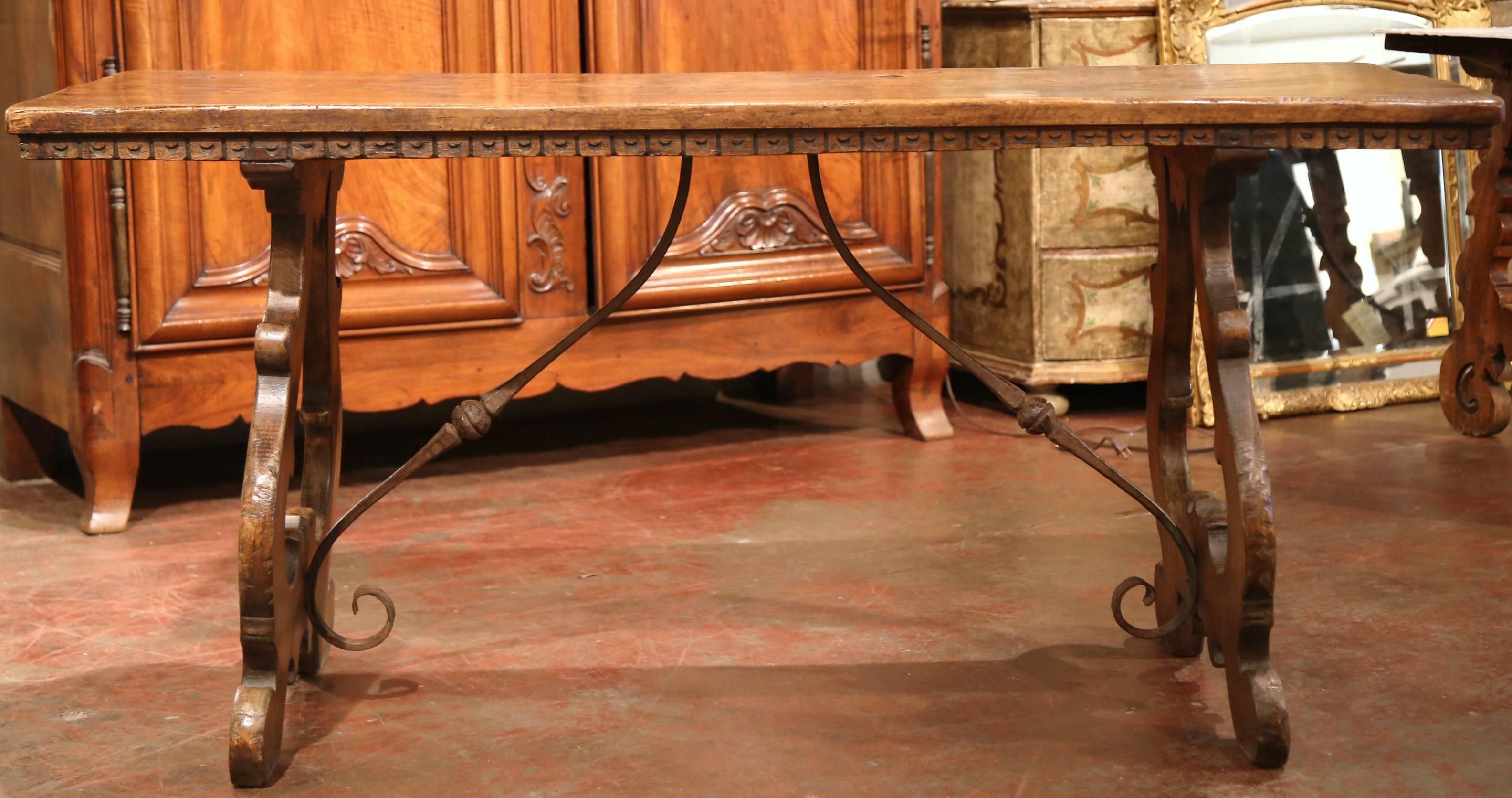 Hand-Carved 19th Century Spanish Carved Chestnut Table with Wrought Iron Stretcher