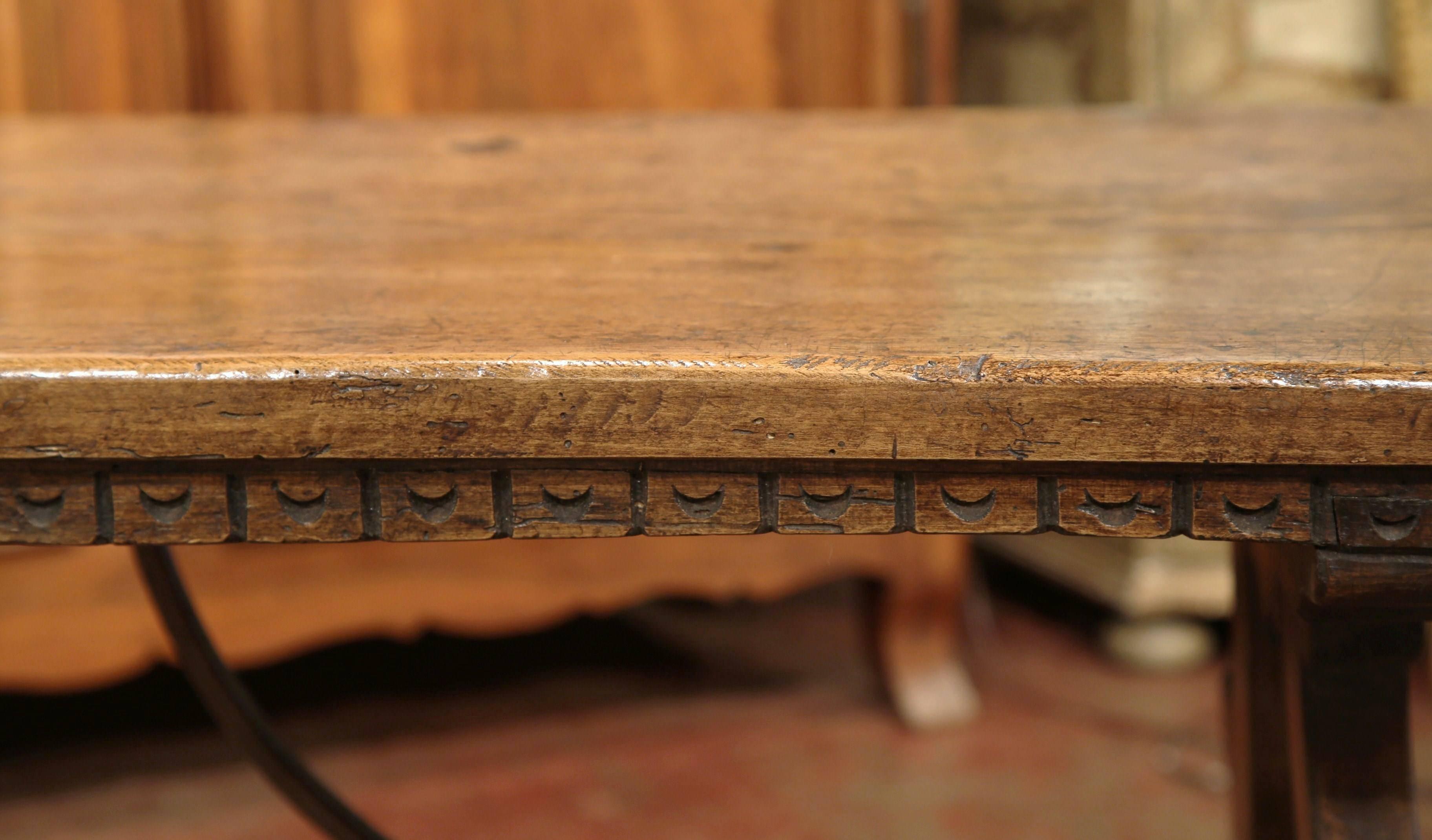 19th Century Spanish Carved Chestnut Table with Wrought Iron Stretcher In Excellent Condition In Dallas, TX