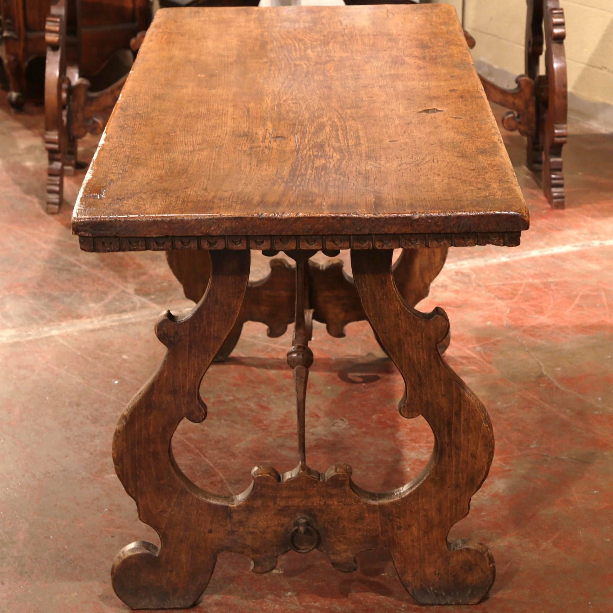 19th Century Spanish Carved Chestnut Table with Wrought Iron Stretcher 1