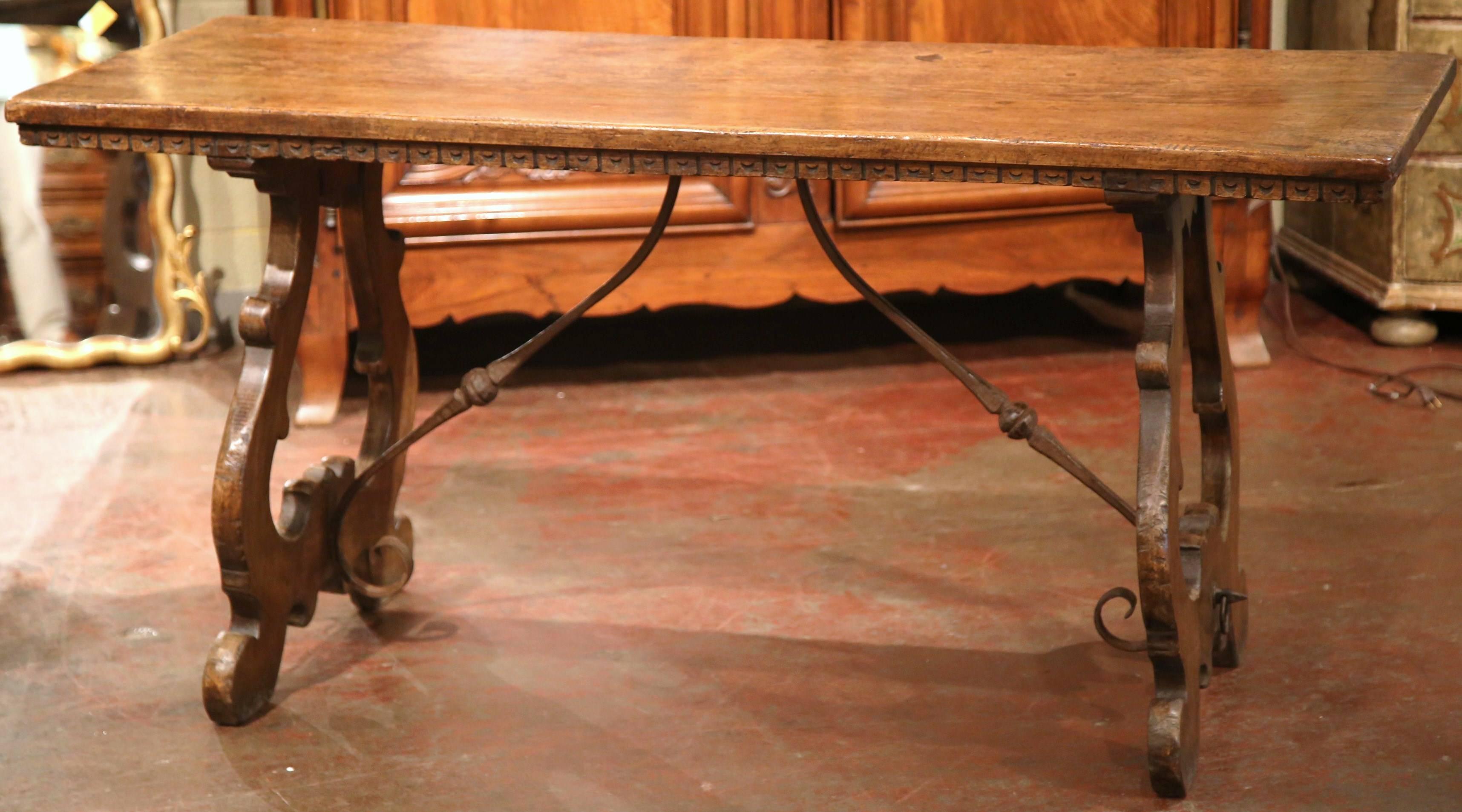 19th Century Spanish Carved Chestnut Table with Wrought Iron Stretcher 3