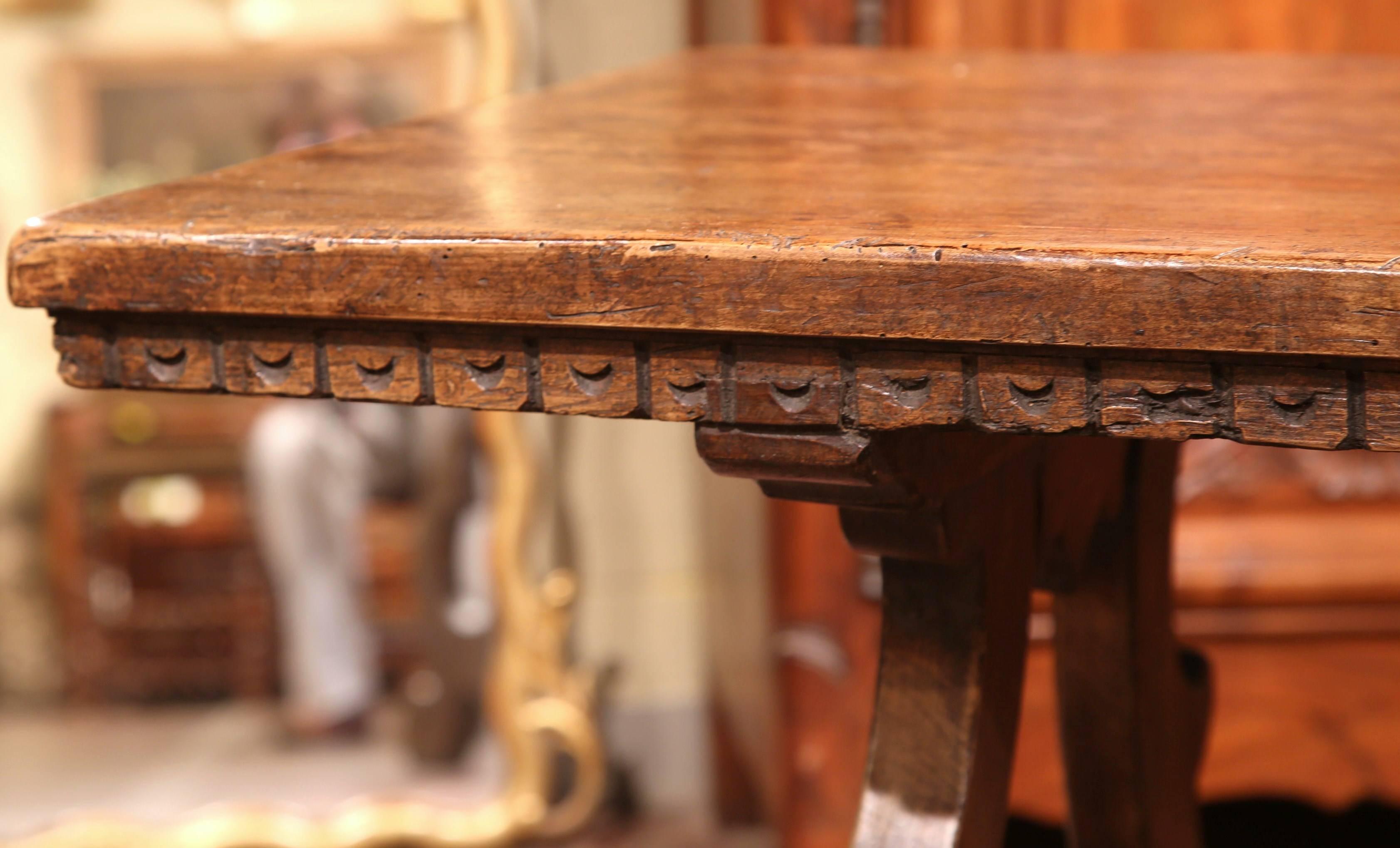 19th Century Spanish Carved Chestnut Table with Wrought Iron Stretcher 4