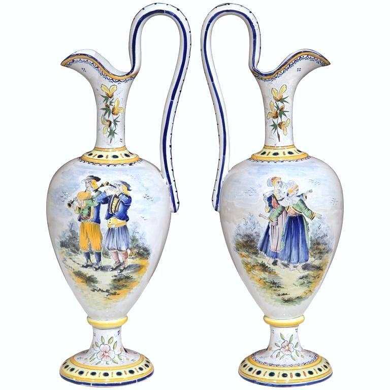 Pair of Early 20th Century French Hand-Painted Water Pitchers from Quimper