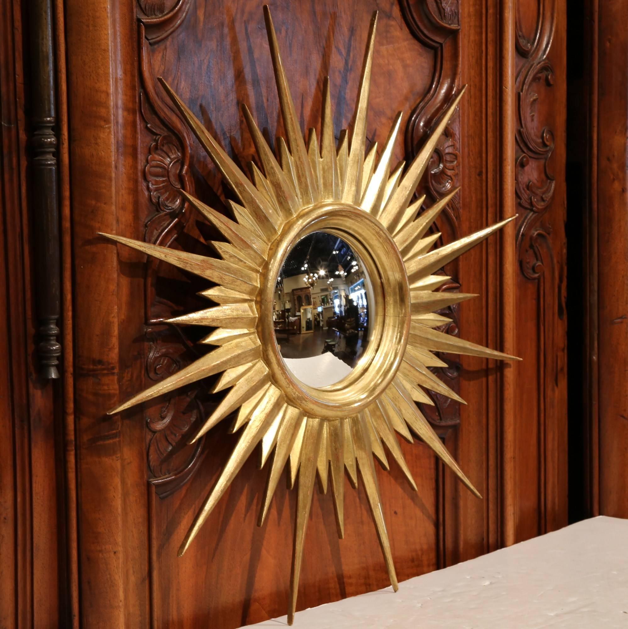 Mid-20th Century French Giltwood Sunburst Mirror with Convex Glass 1