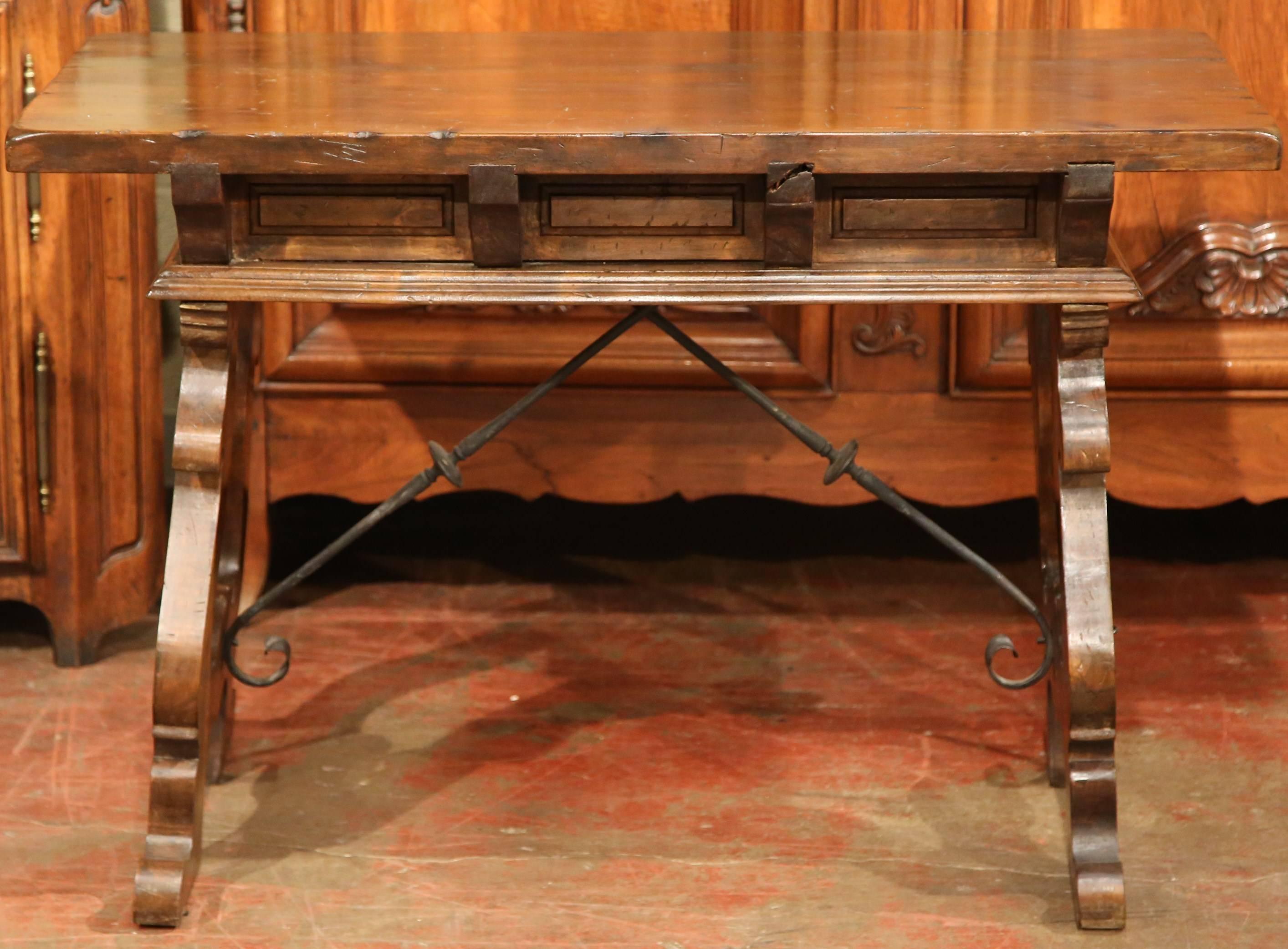 Early 20th Century Spanish Walnut Desk with Iron Stretcher and Two Drawers 3