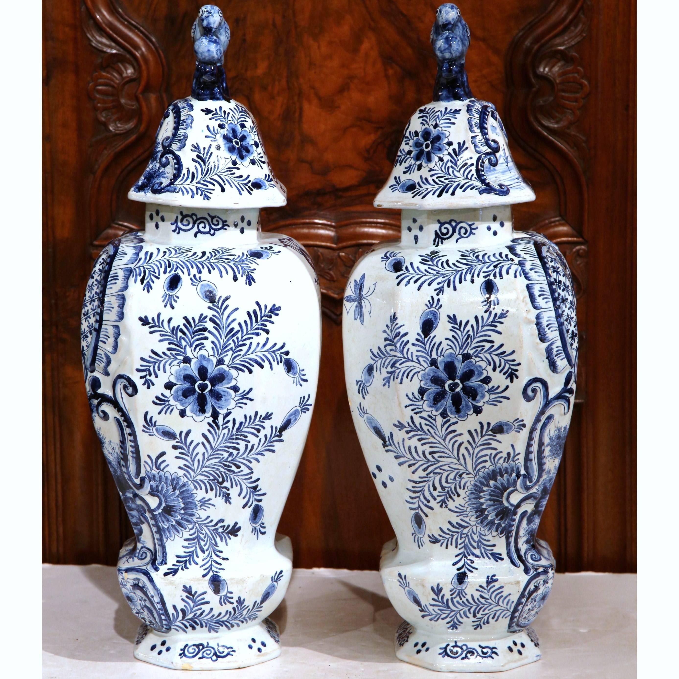 Pair of 19th Century Hand-Painted Blue and White Delft Vases with Lids 3