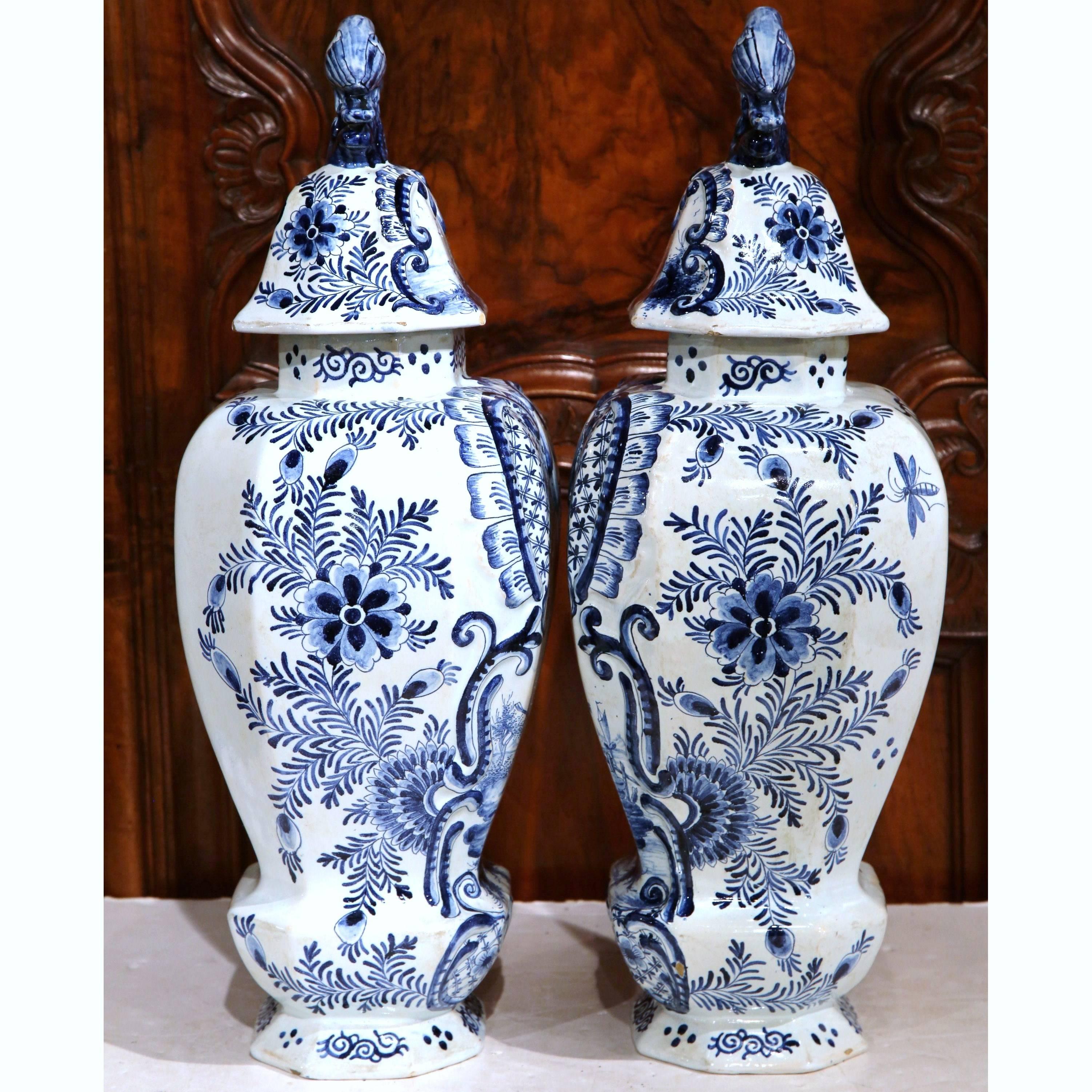 Pair of 19th Century Hand-Painted Blue and White Delft Vases with Lids 4