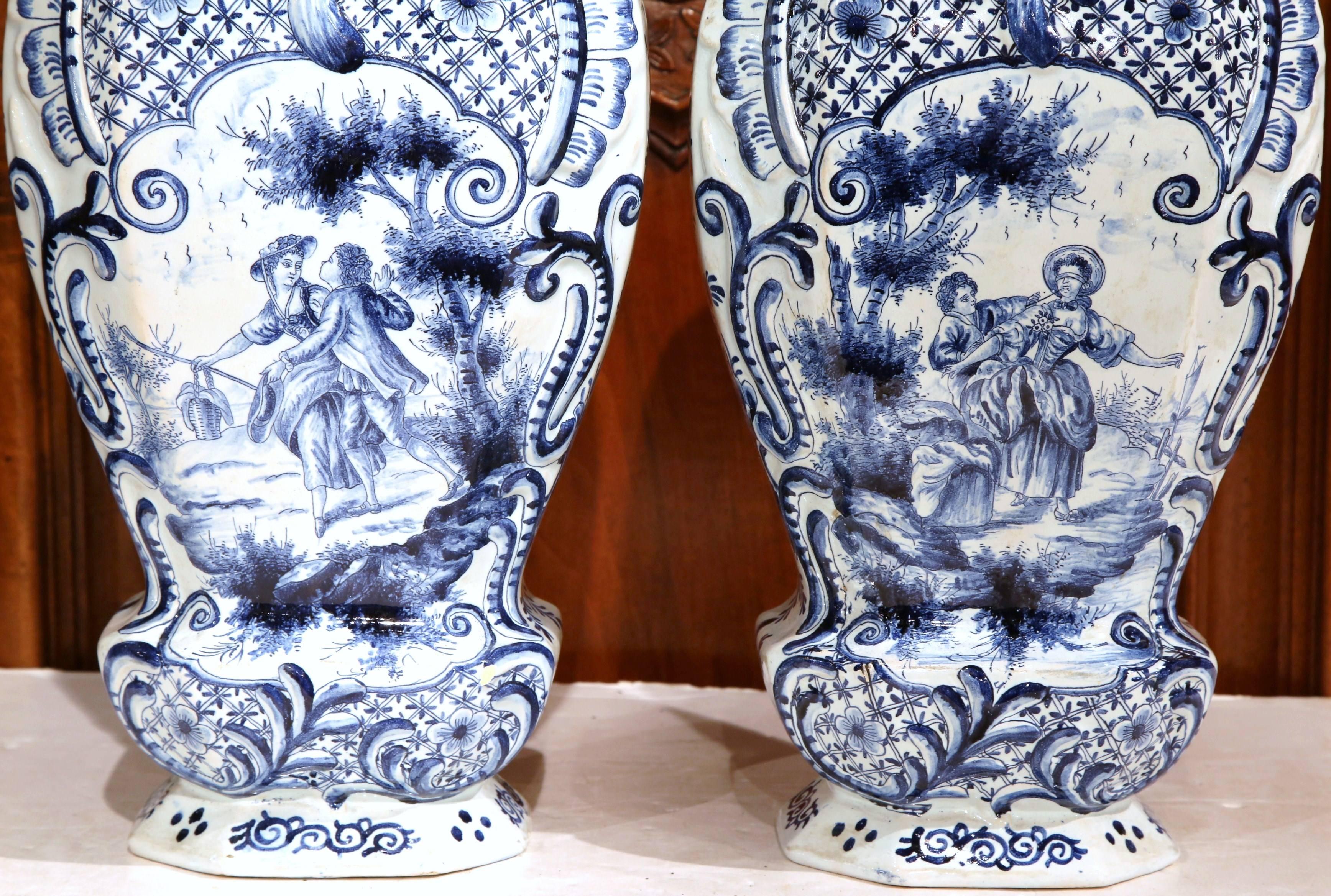 Dutch Pair of 19th Century Hand-Painted Blue and White Delft Vases with Lids