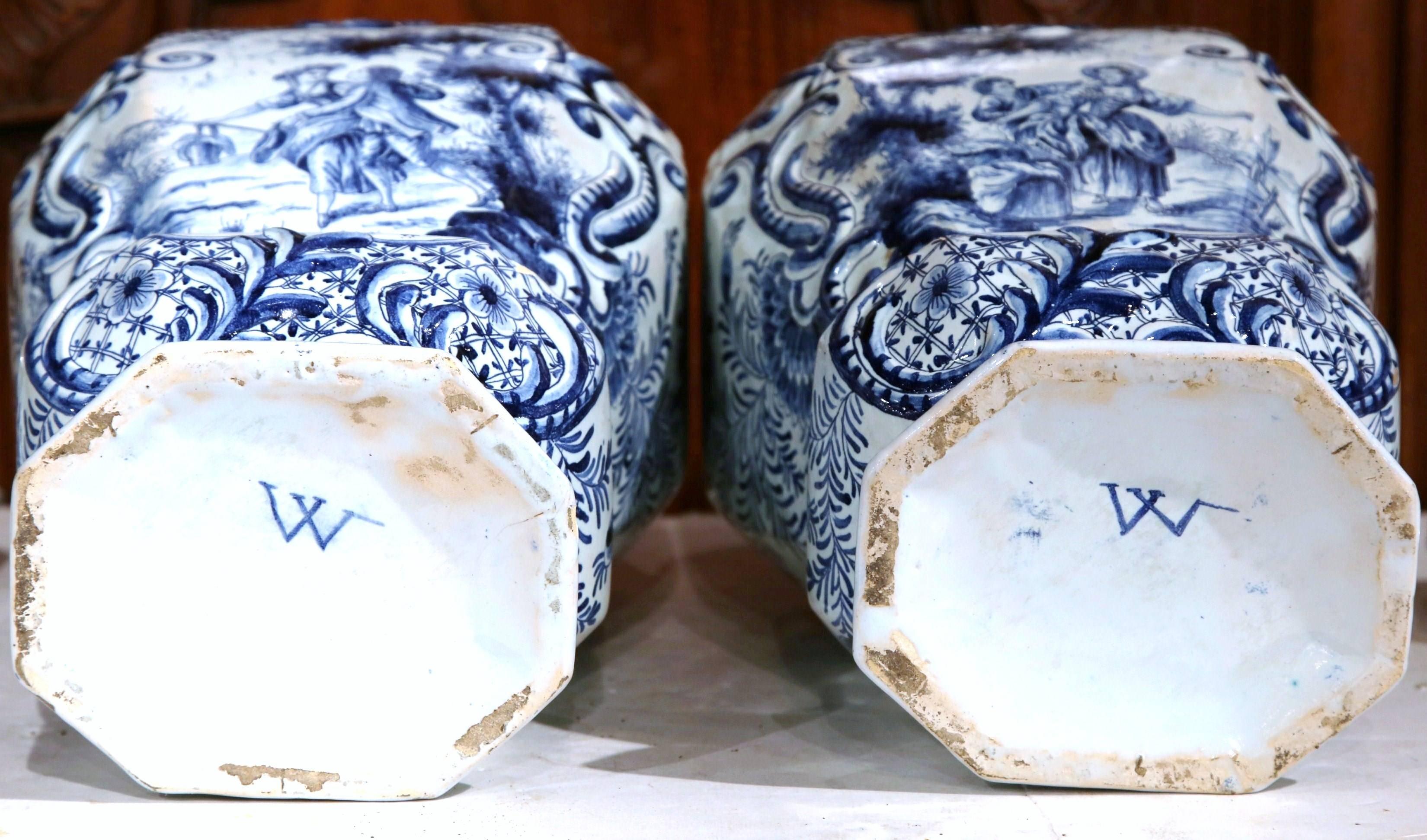 Pair of 19th Century Hand-Painted Blue and White Delft Vases with Lids 5