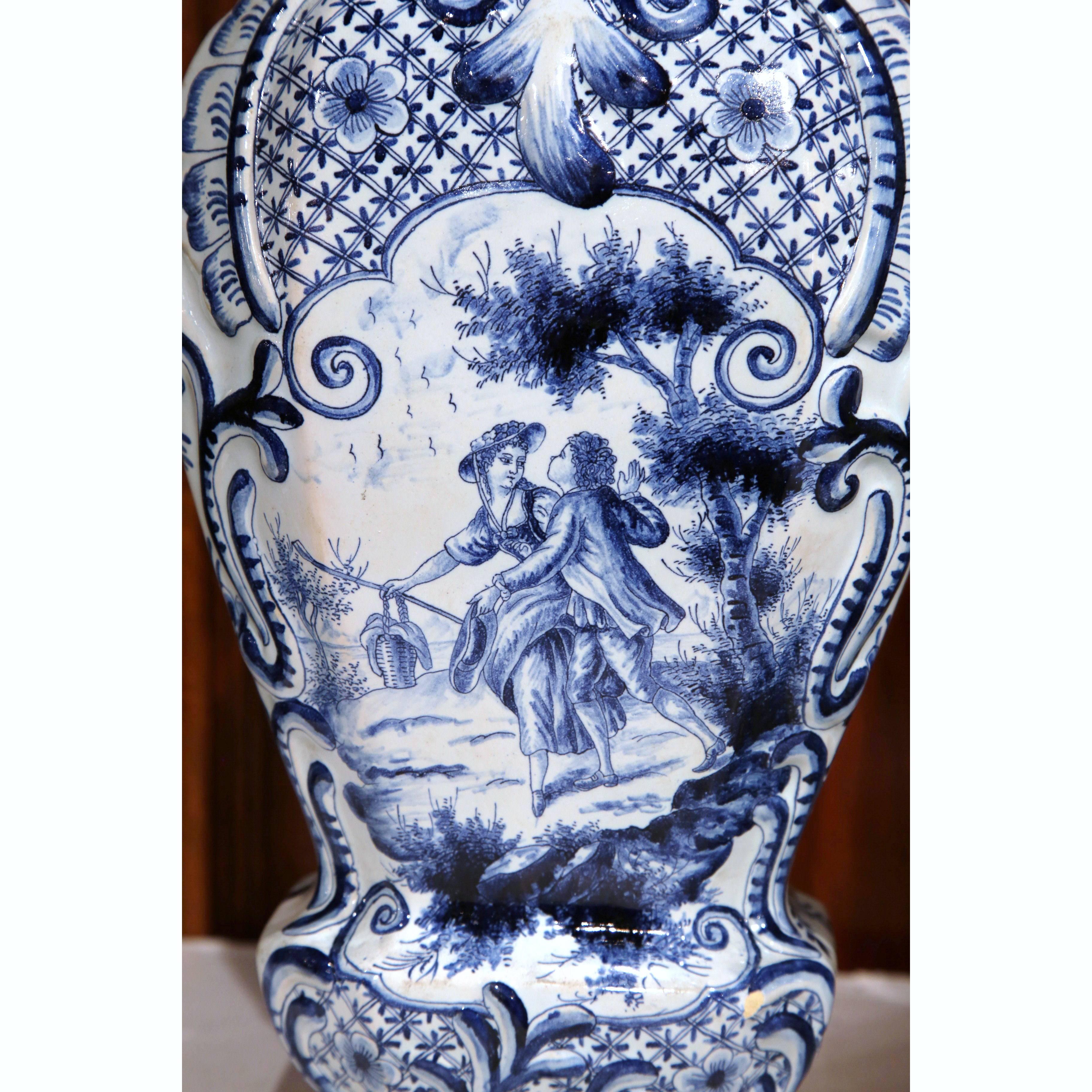 Faience Pair of 19th Century Hand-Painted Blue and White Delft Vases with Lids