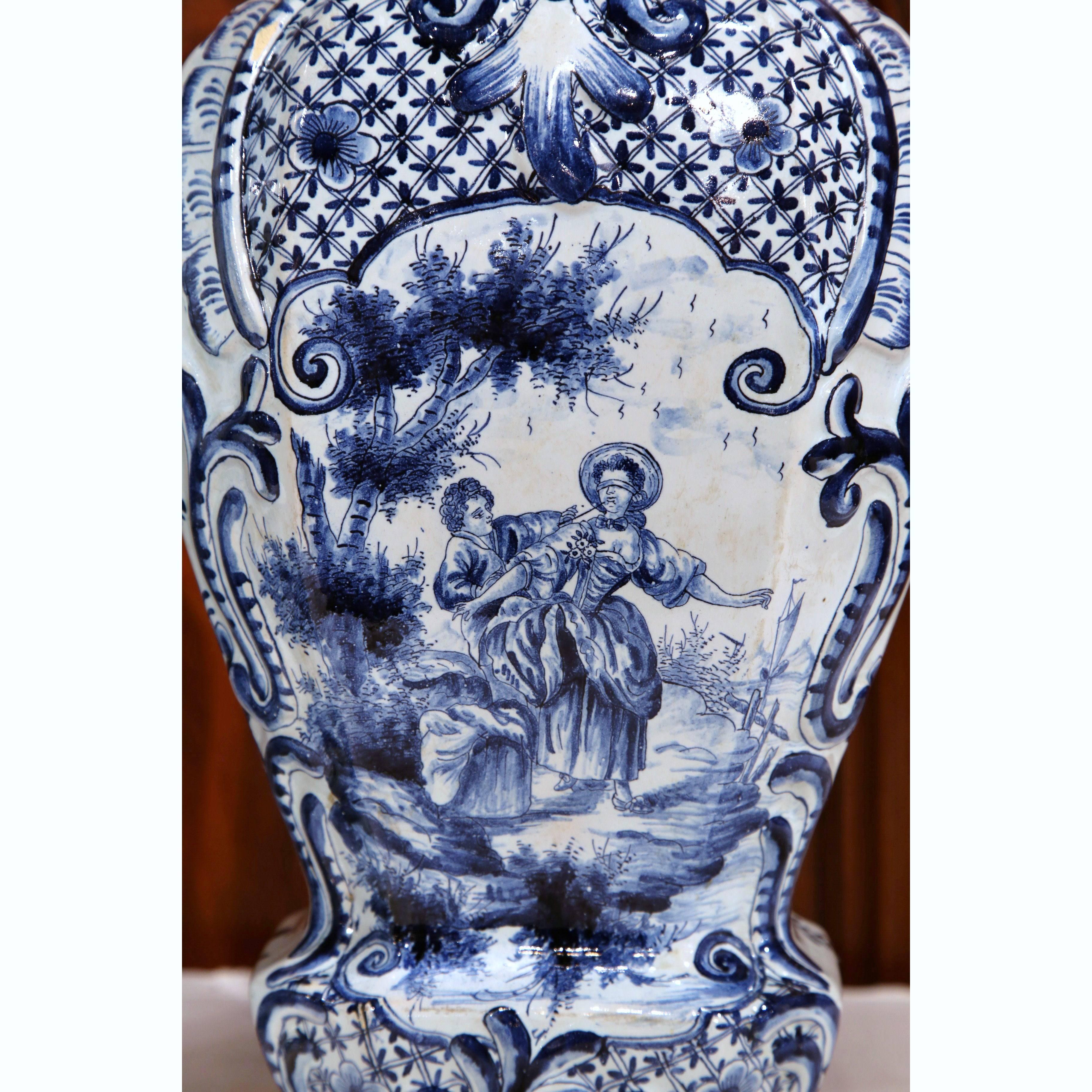 Pair of 19th Century Hand-Painted Blue and White Delft Vases with Lids 1