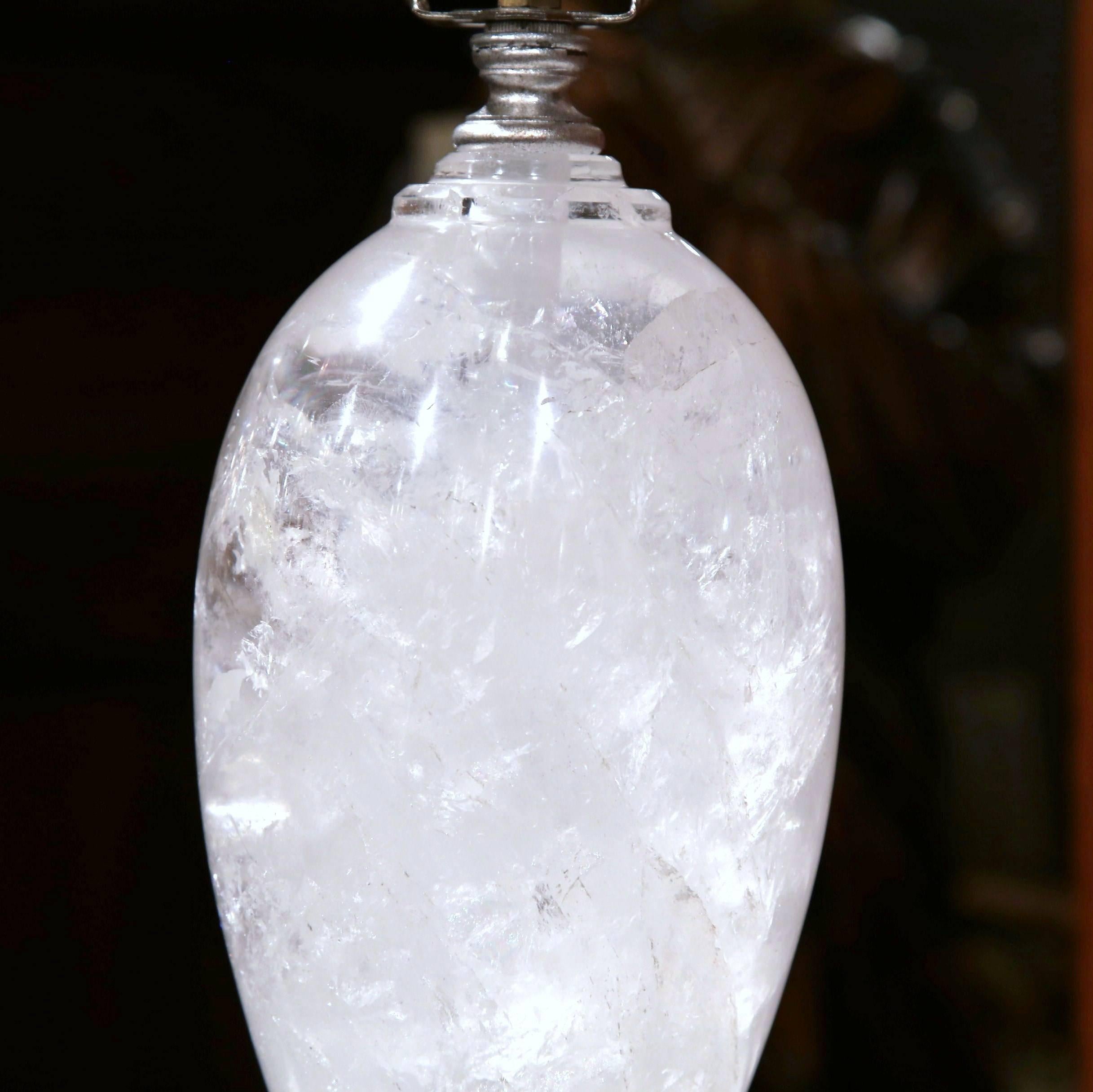 20th Century Pair of Rock Crystal Table Lamps from Brazil with Round Shades and Finials