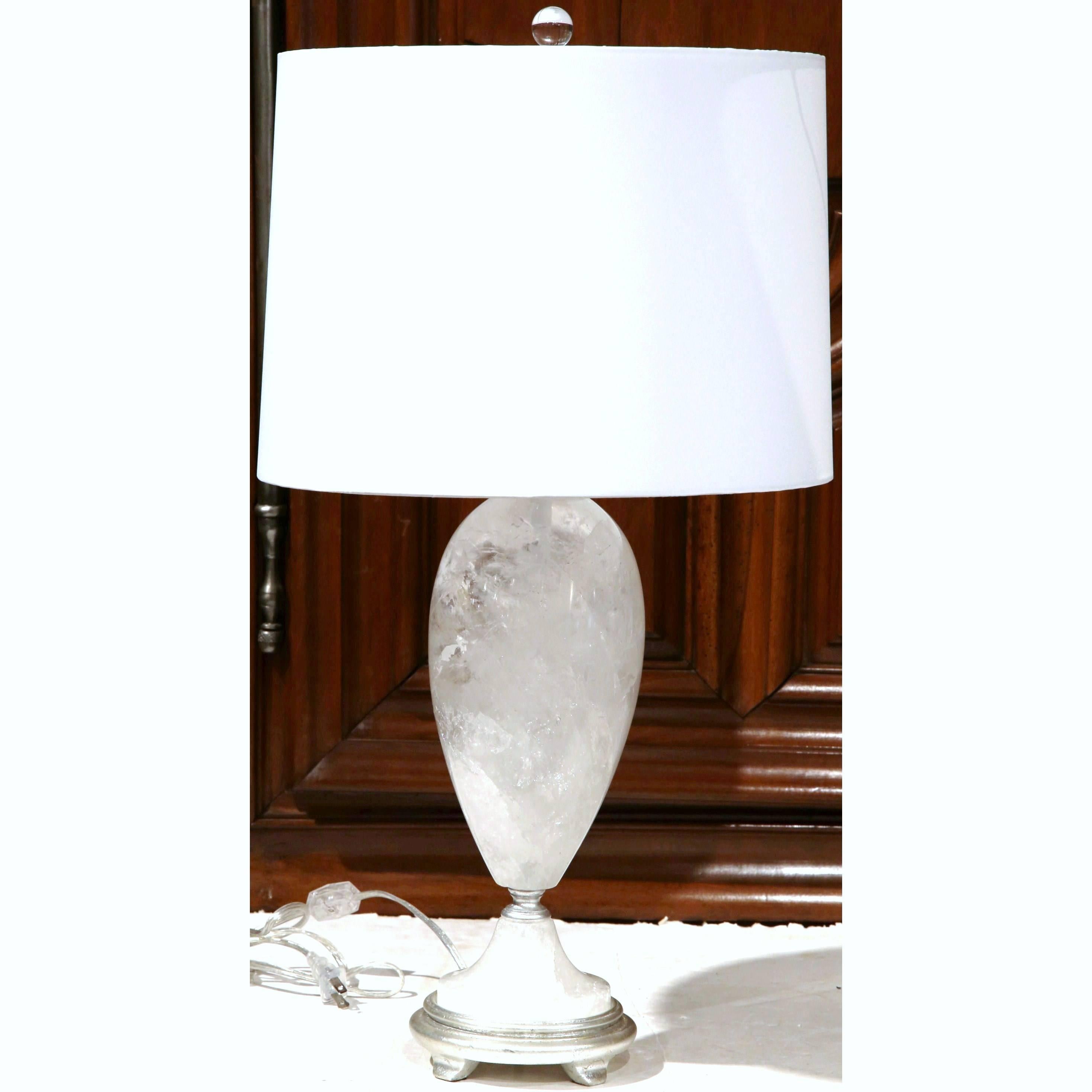 Brazilian Pair of Rock Crystal Table Lamps from Brazil with Round Shades and Finials