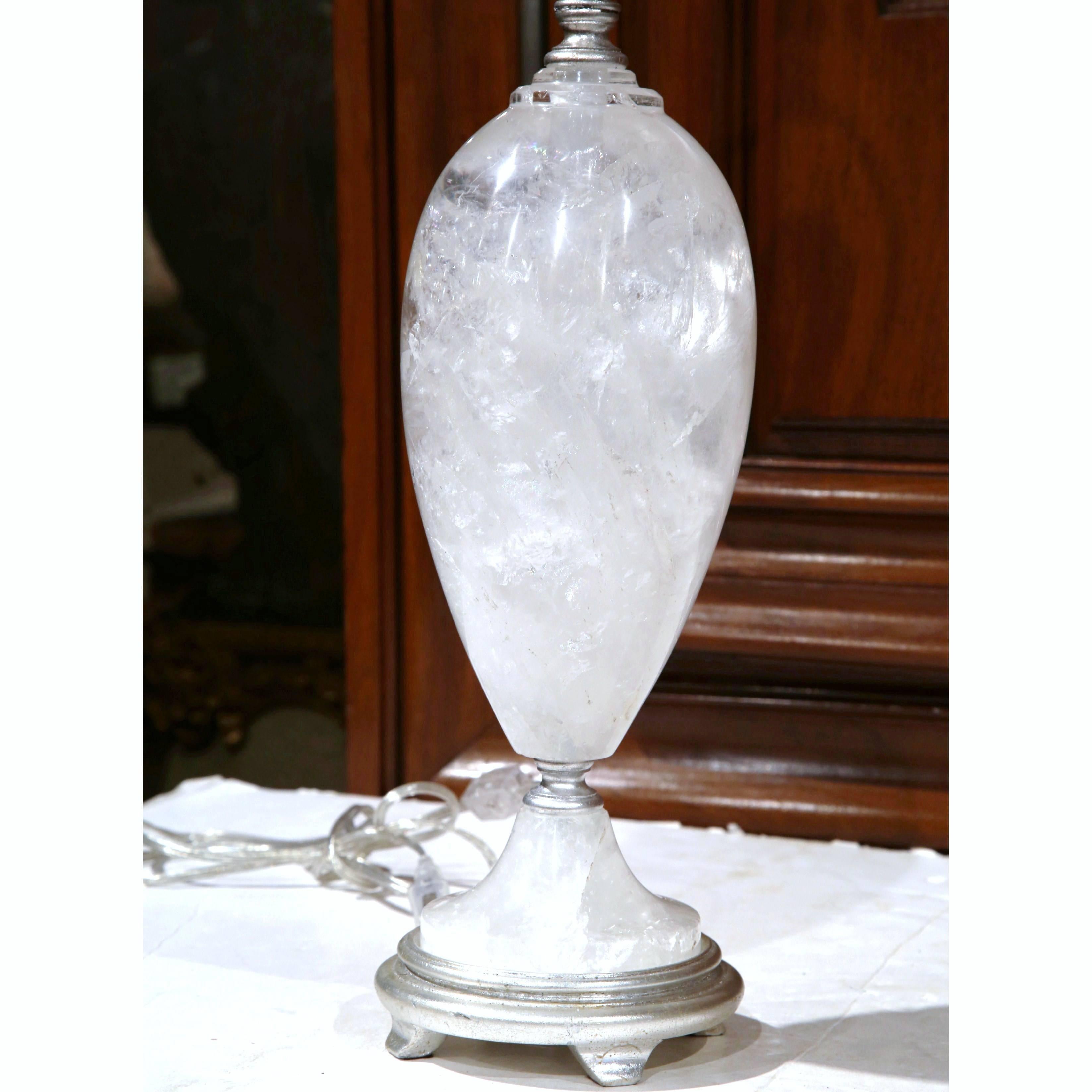 Pair of Rock Crystal Table Lamps from Brazil with Round Shades and Finials In Excellent Condition In Dallas, TX