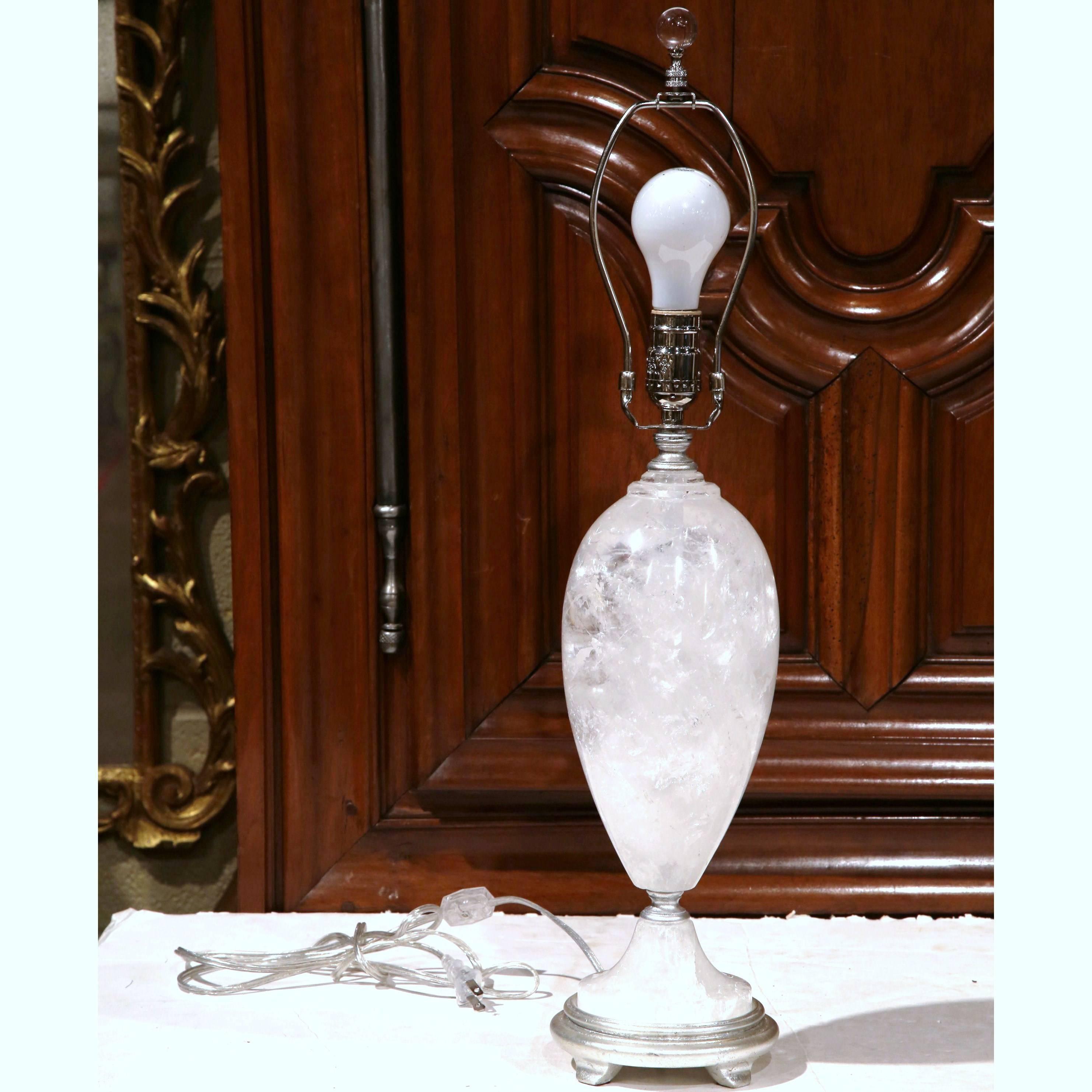 Hand-Carved Pair of Rock Crystal Table Lamps from Brazil with Round Shades and Finials