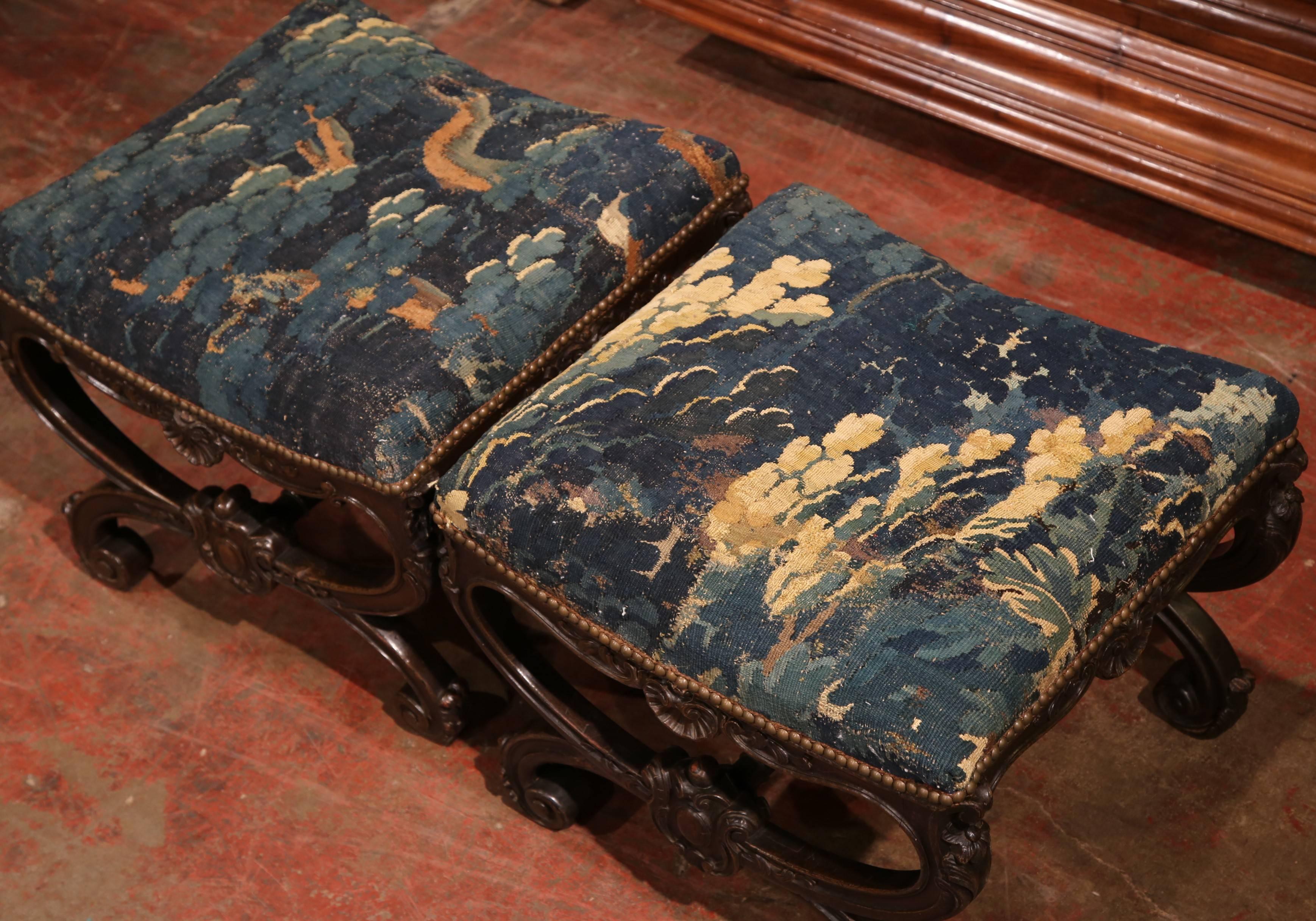 Embellish your formal living room with this elegant pair of antique stools from France, circa 1800. Known as 