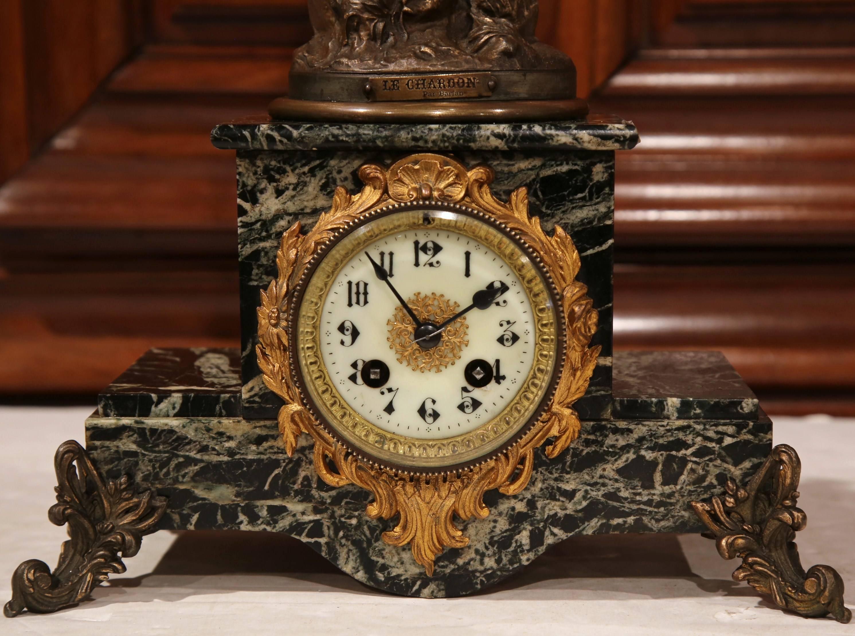 Patinated 19th Century French Spelter and Marble Signed Mantel Clock with Porecelain Dial