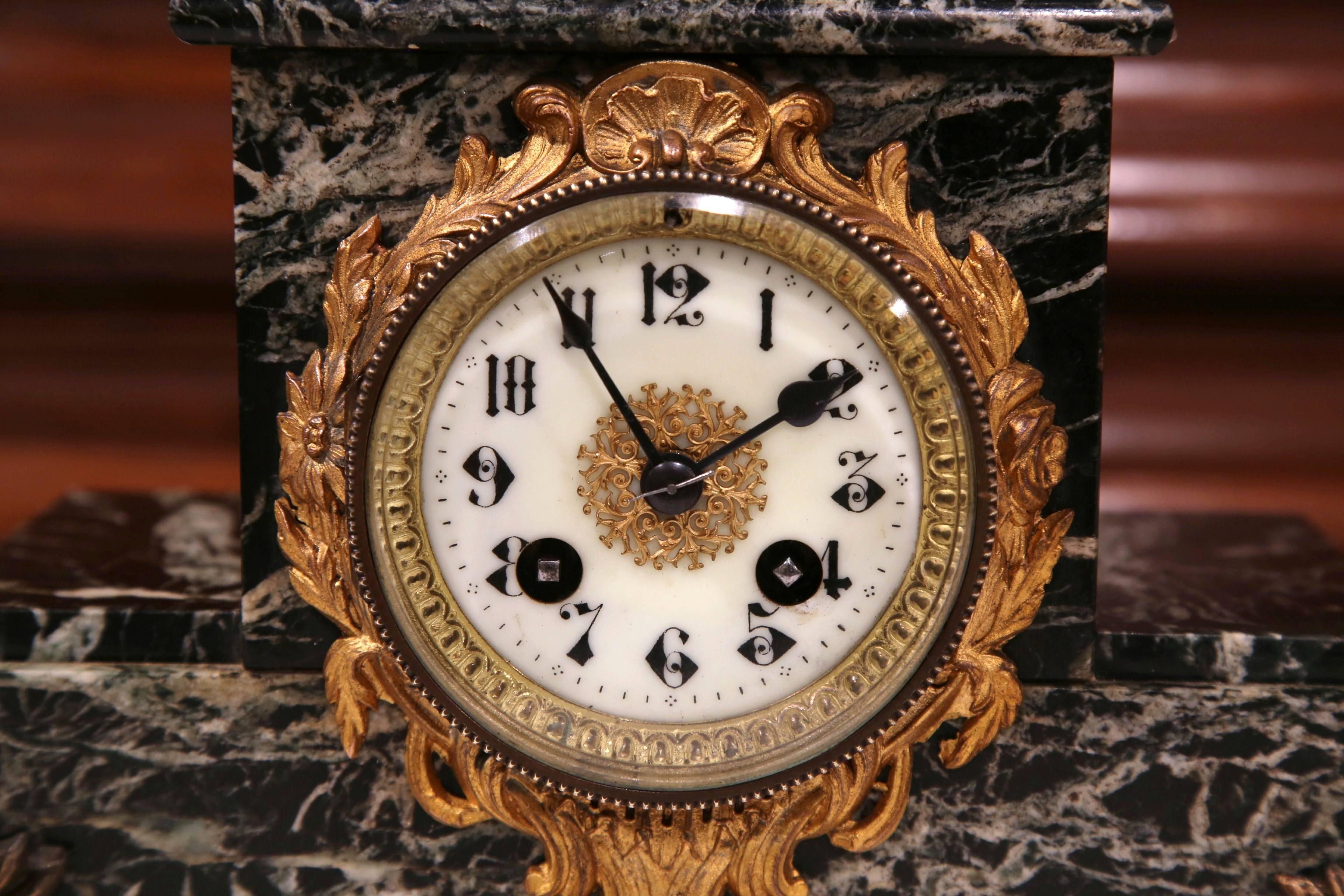 19th Century French Spelter and Marble Signed Mantel Clock with Porecelain Dial 2