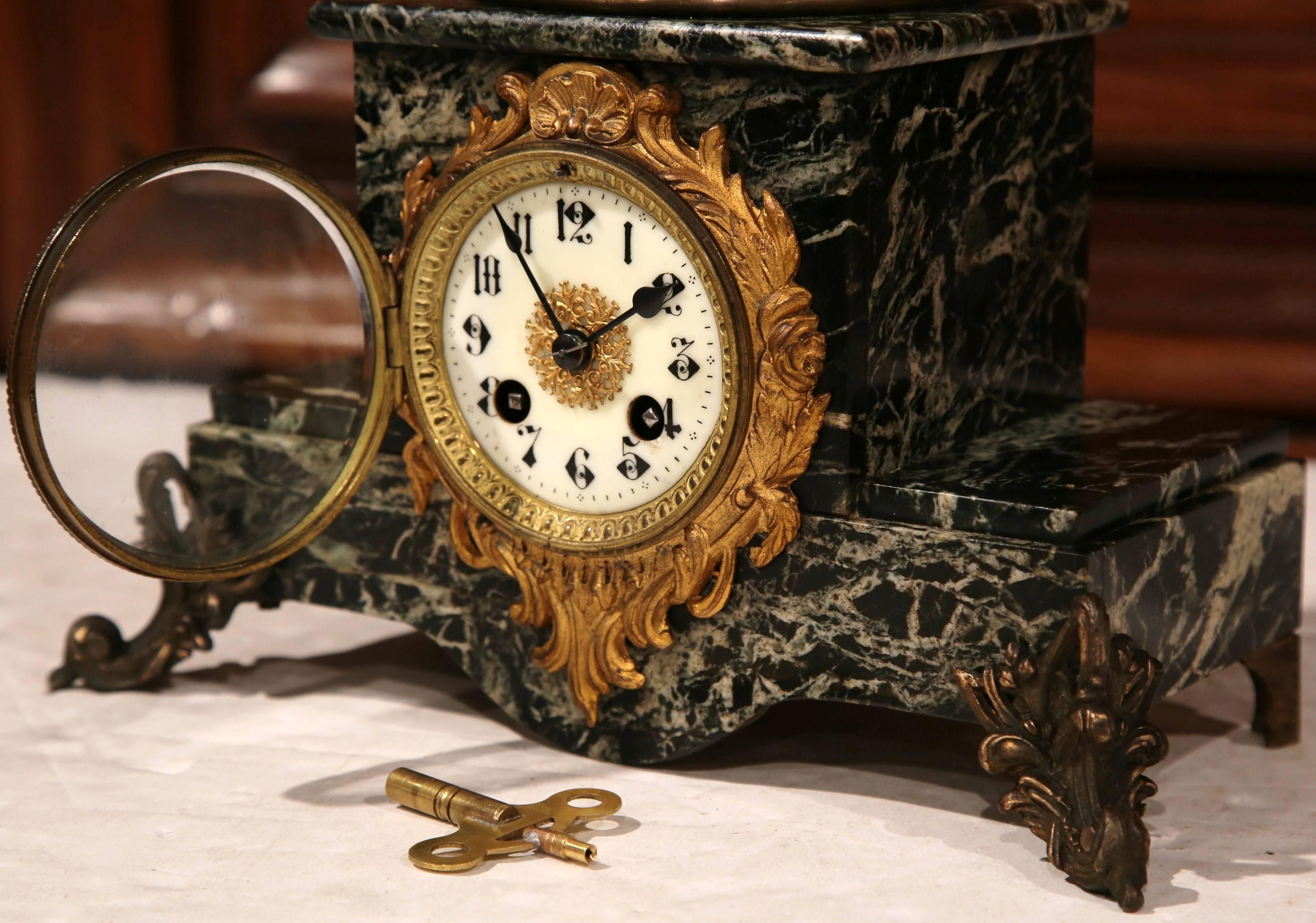 19th Century French Spelter and Marble Signed Mantel Clock with Porecelain Dial 1