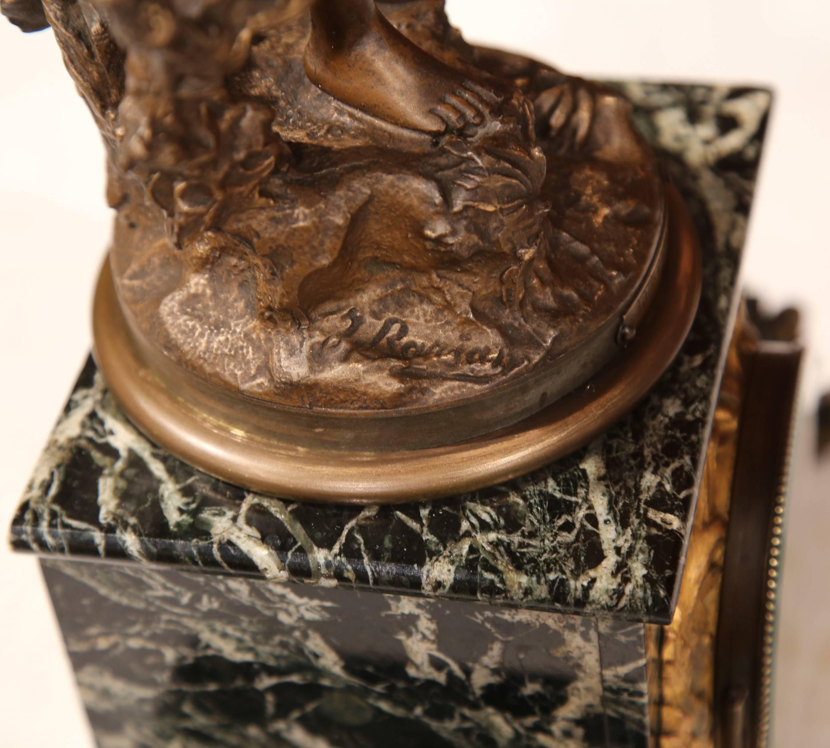 Bronze 19th Century French Spelter and Marble Signed Mantel Clock with Porecelain Dial